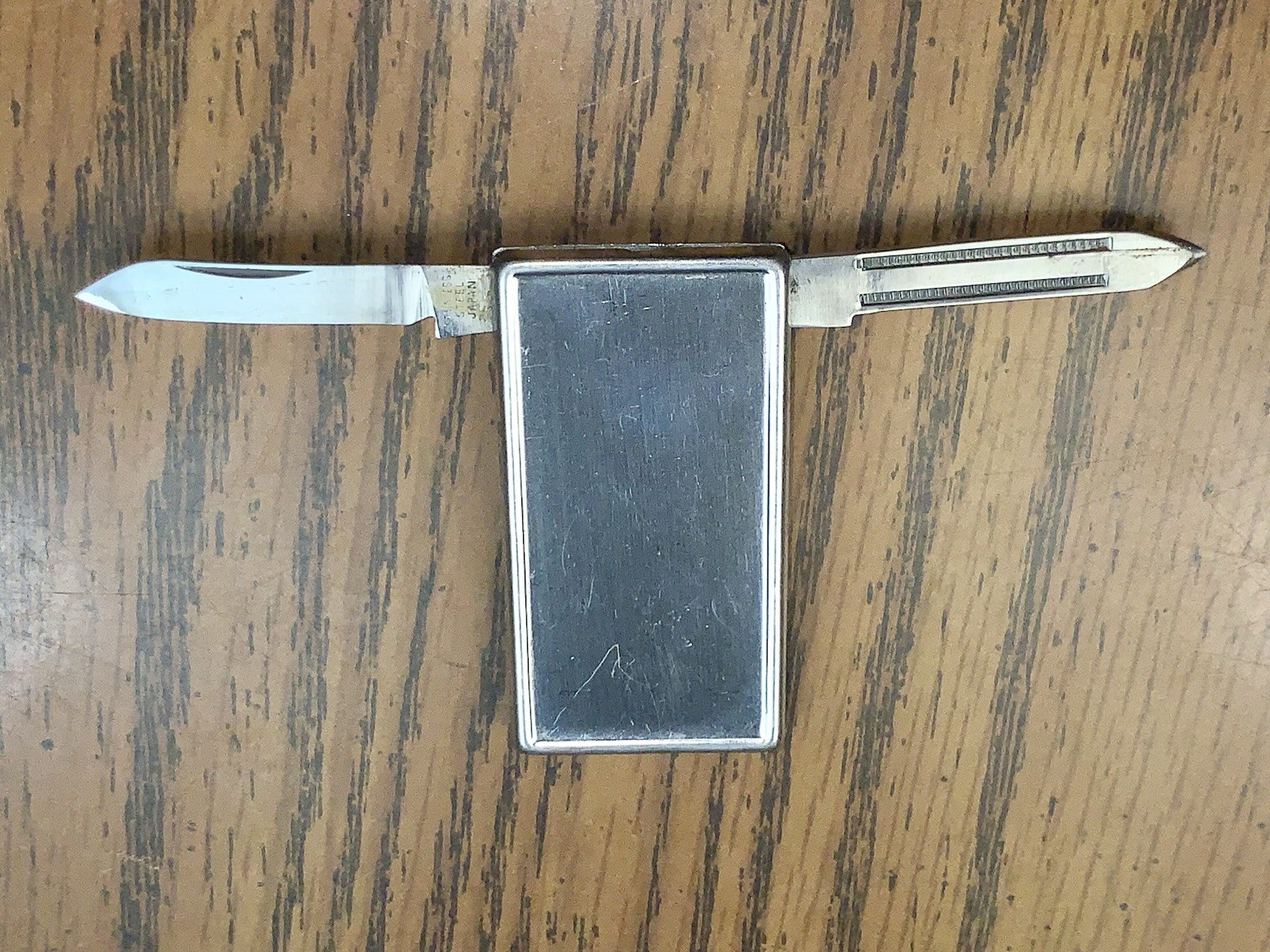 Vintage Stainless Steel Money Clip, w/Knife & Mail File & Polished Mirror Back