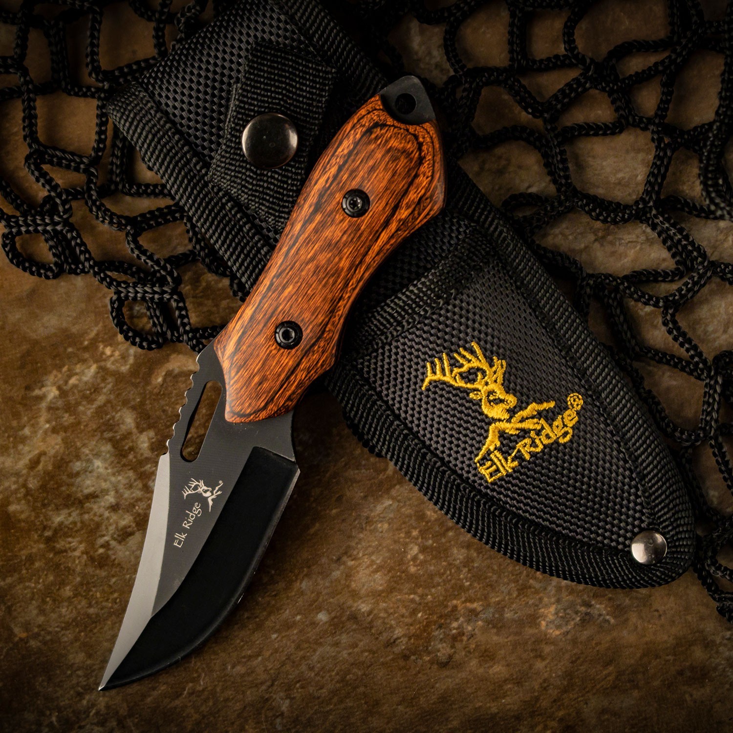 6.25″ Elk Ridge Fixed Blade Full Tang Knife w/Wood Handle and Leather Sheath