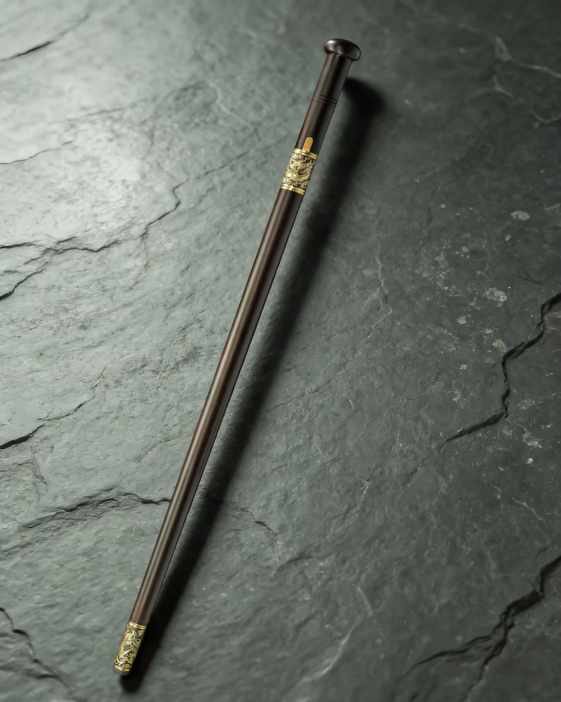 Round Head Sword Cane Solid Wood Shaft Aged Brass Dragon Ring Decorative Display