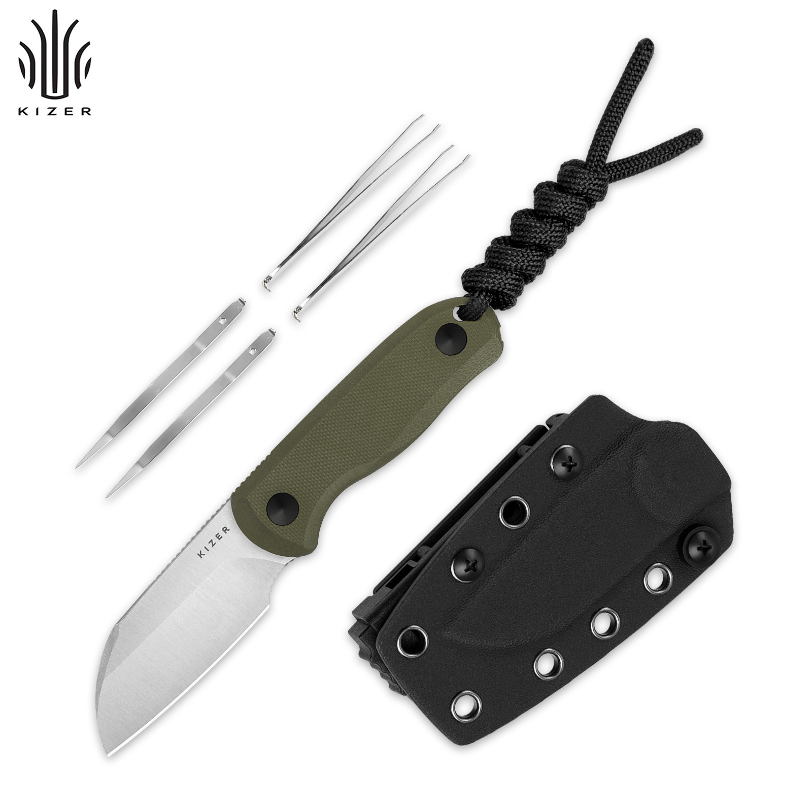 Kizer Drop Bear Clip Point Fixed Knife AEB-L Blade Green G10 Handle+Sheath