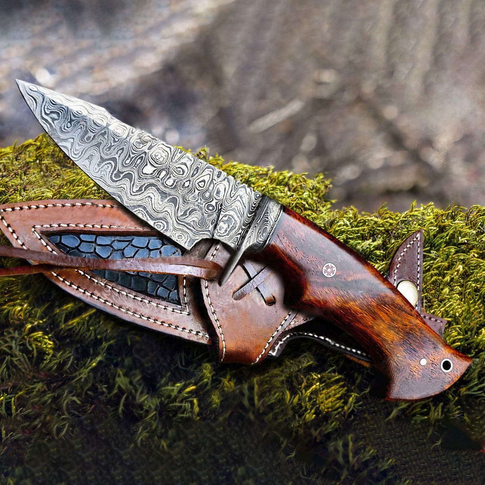 Damascus Steel Bobcat Hunting Knife, Handmade Fixed Blade Camping Outdoor Knife