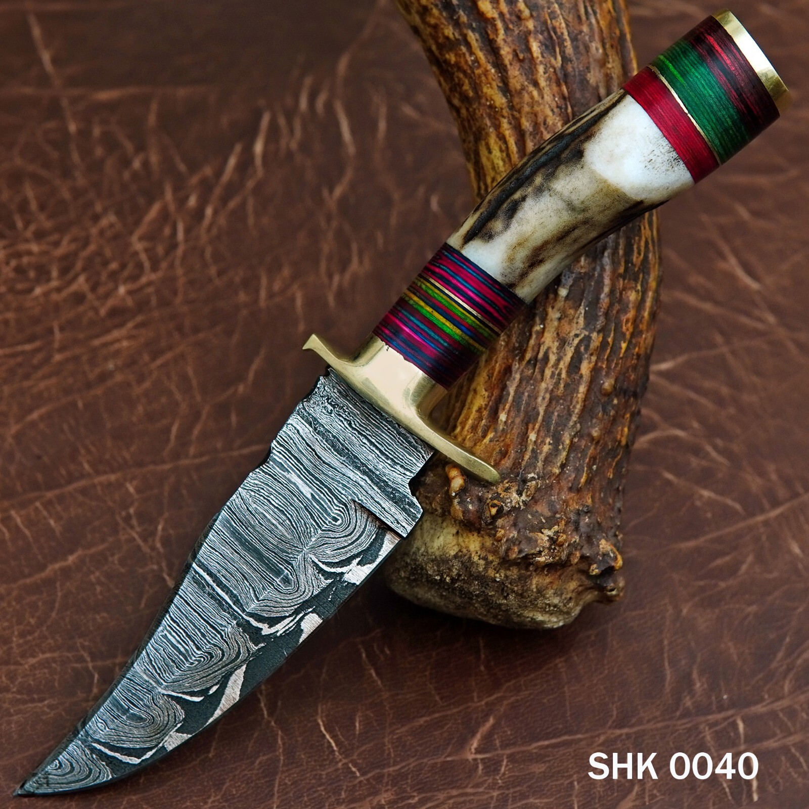 8″ CUSTOM HANDMADE DAMASCUS HUNTING SKINNING KNIFE DEER STAG Handle Brass Guard