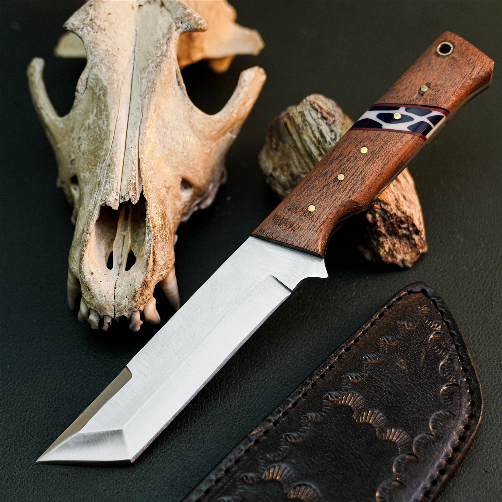 9.0″ Hunting EDC Stainless Knife Handmade Full Tang Wood Handle + Sheath