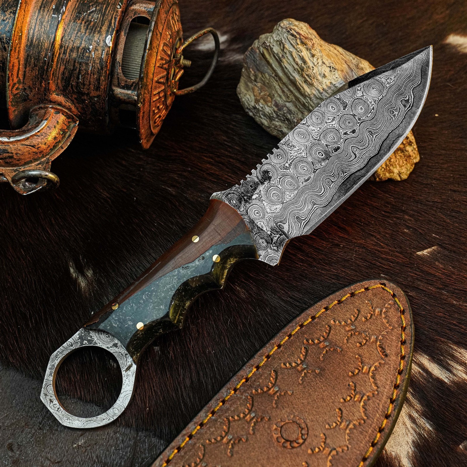 8.0″ Damascus Hunting Knife Full Tang Wood Handle Fix Blade + Sheath