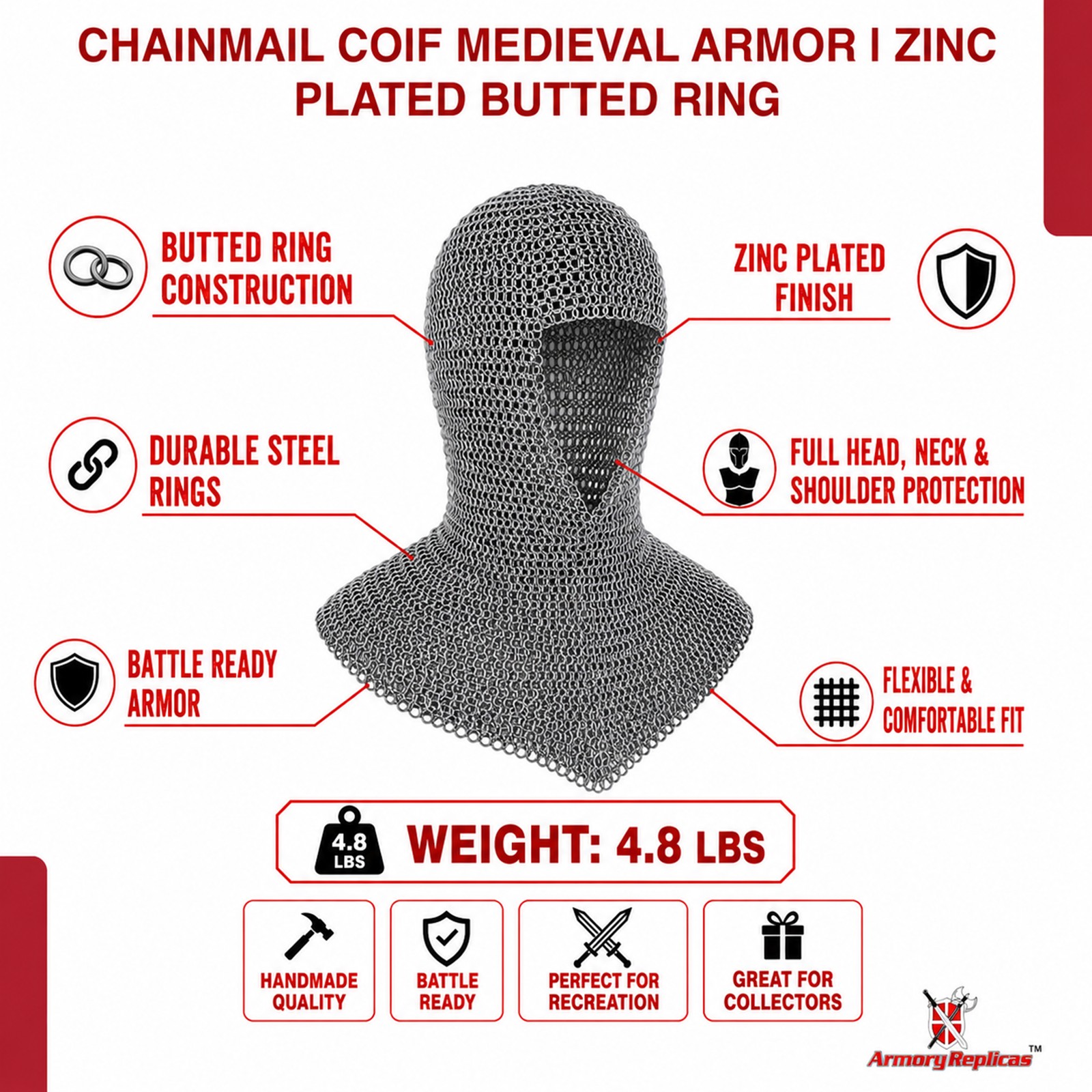 BATTLE READY CHAIN MAIL COIF ARMOR MEDIEVAL RENAISSANCE CHAINMAIL HOOD ARMOR