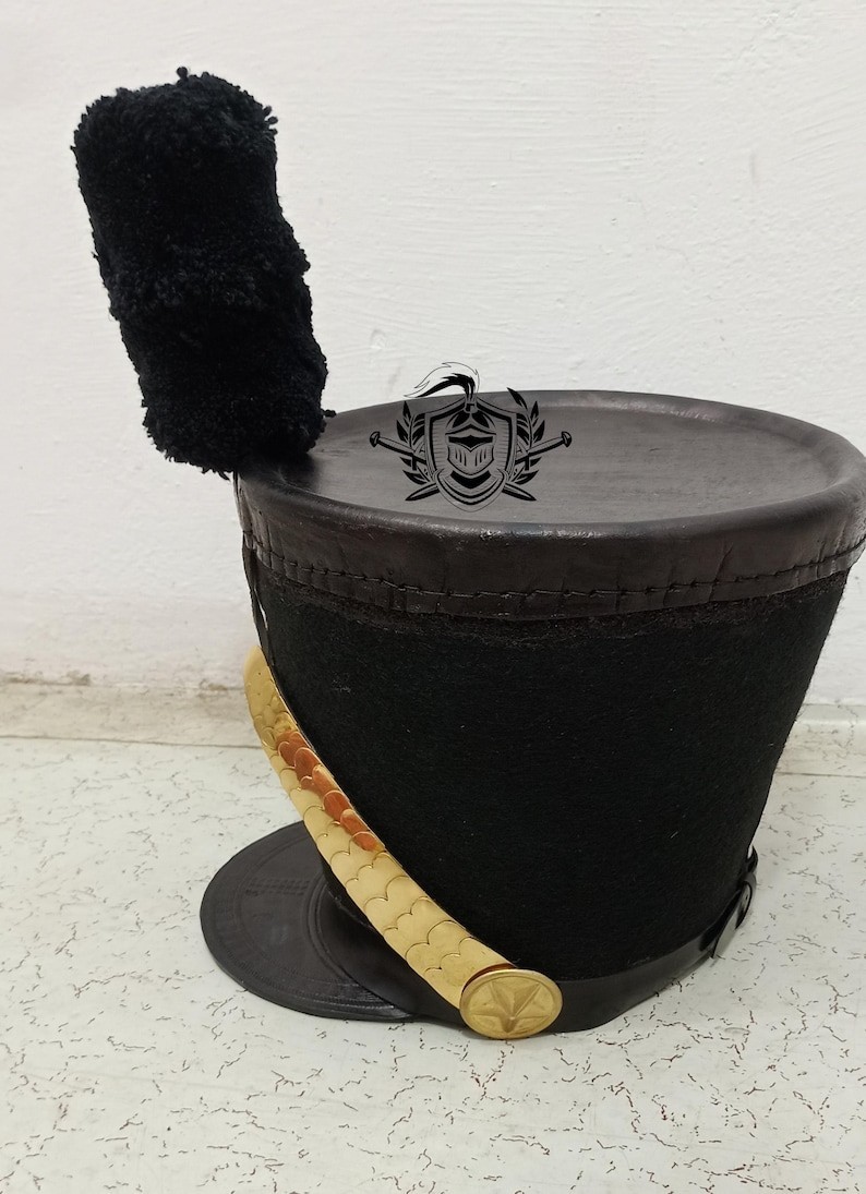Napoleonic French, Shako Helmet Leather Grenadier Tschako Style with Brass Plate