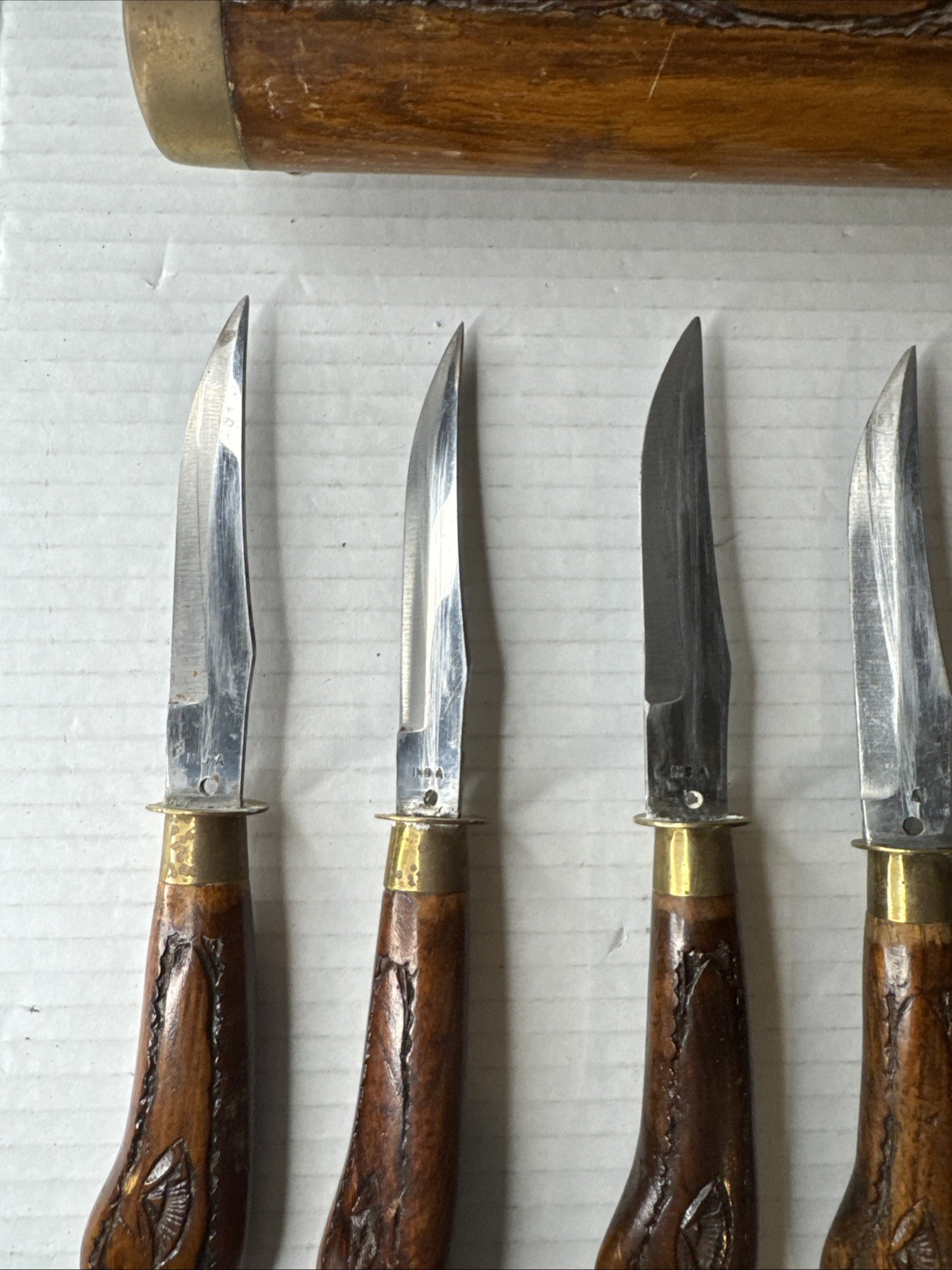 Antique India Carved Wood And Brass￼Knife Set Of 6