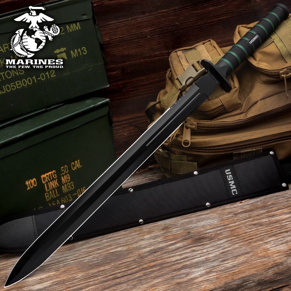 USMC Blackout Combat Double-Edged Sword with Nylon Sheath, Officially Licensed