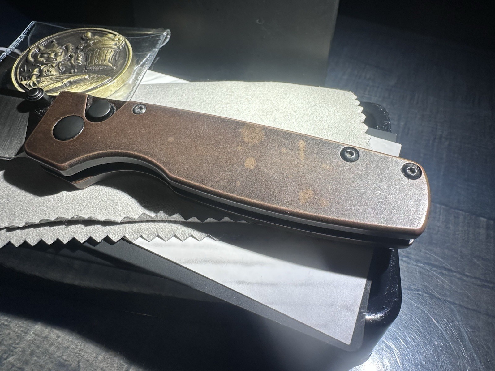 Kizer Original Copper 154CM Satin Blade Copper Handle Button Lock
