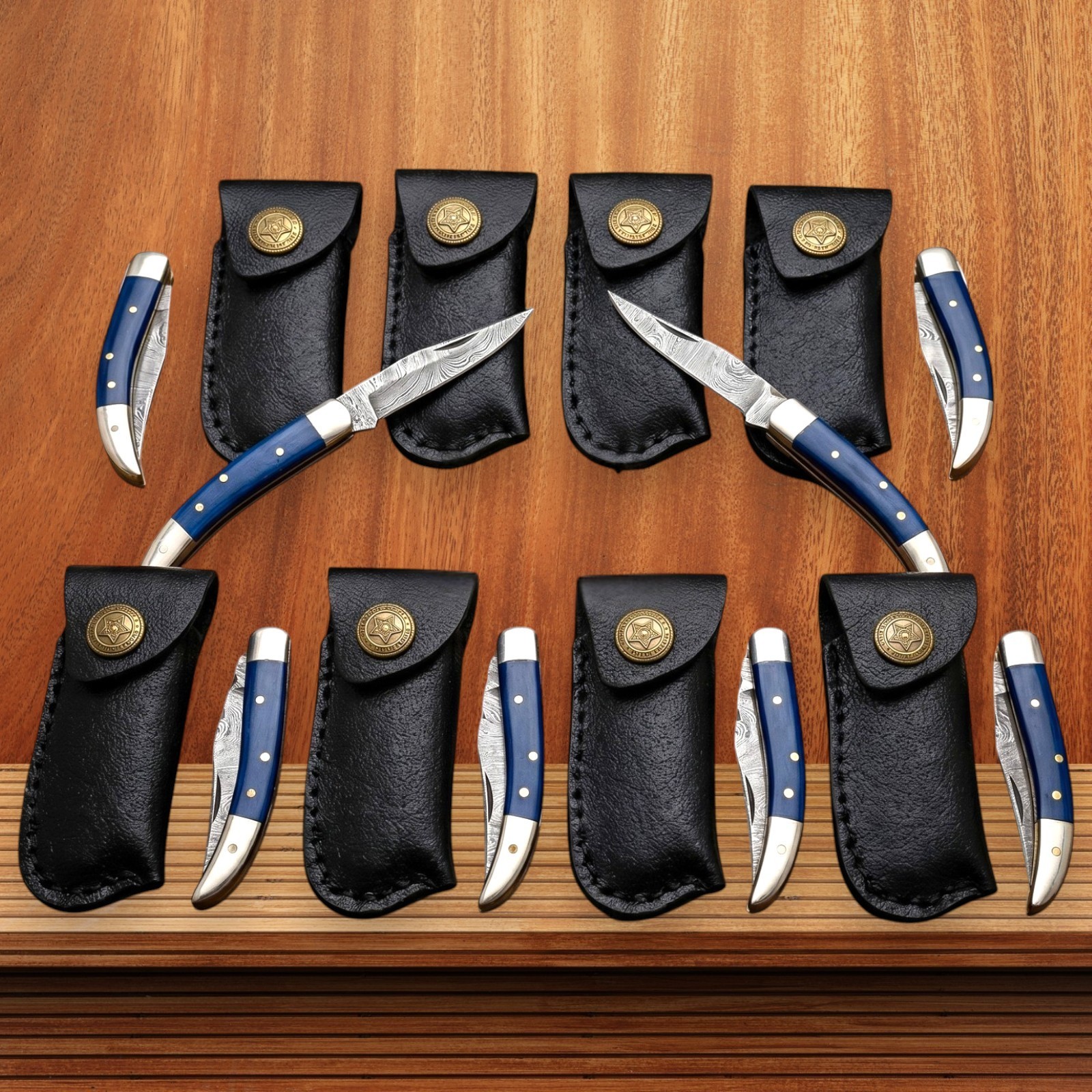Damascus Pocket Knife Lot of 8 Blue Bone Handle Folding Knives w/Leather Sheath