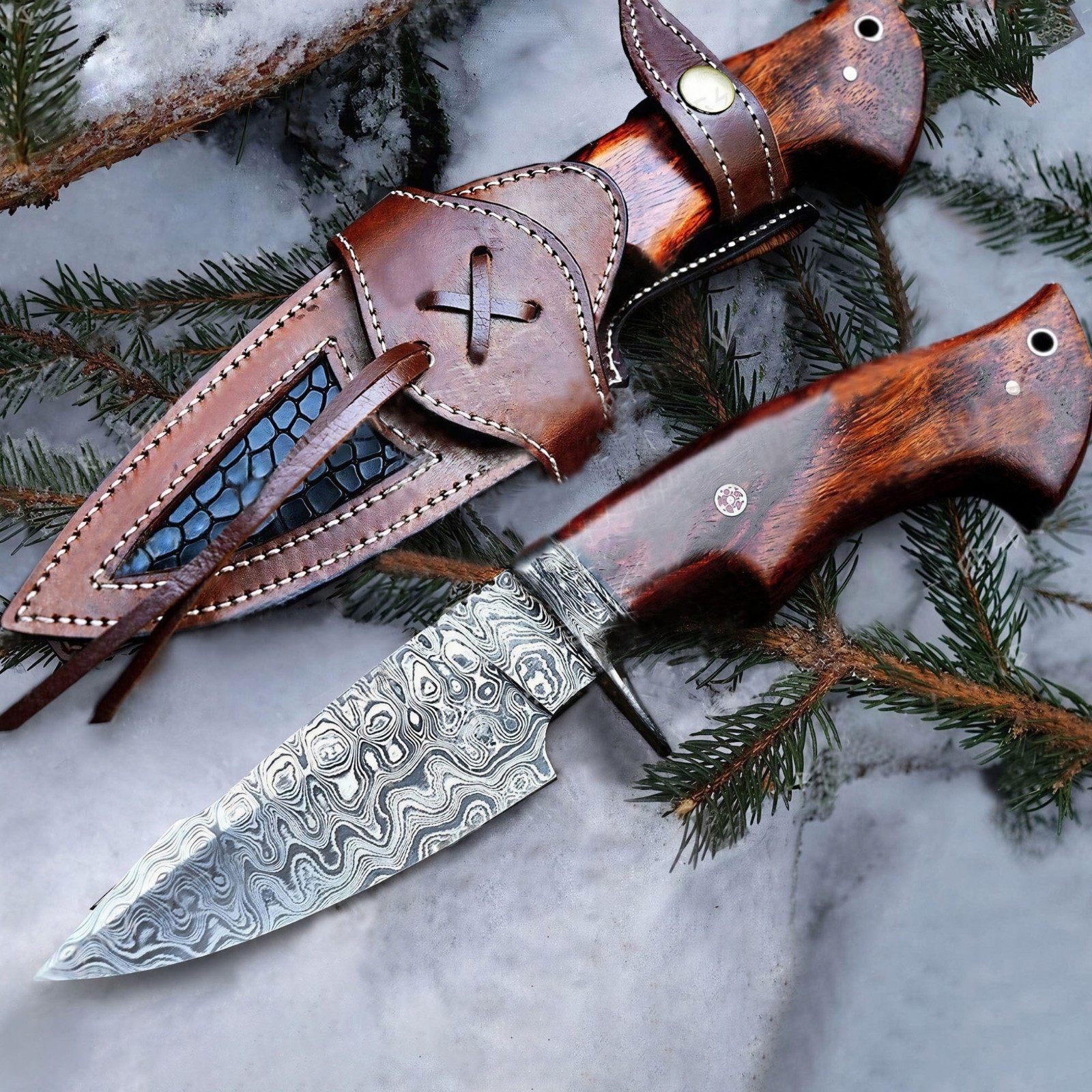 Damascus Steel Bobcat Hunting Knife, Handmade Fixed Blade Camping Outdoor Knife