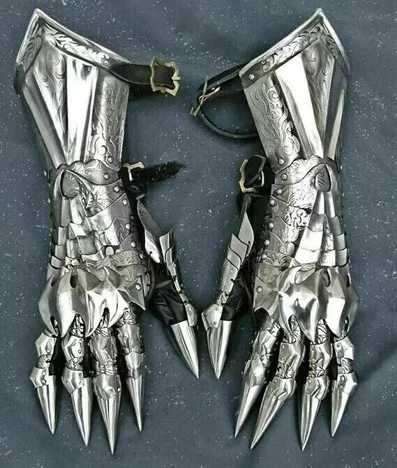 Medieval Knight Gauntlet Gloves Pair Brass Accents Crusader Armor Steel Gloves