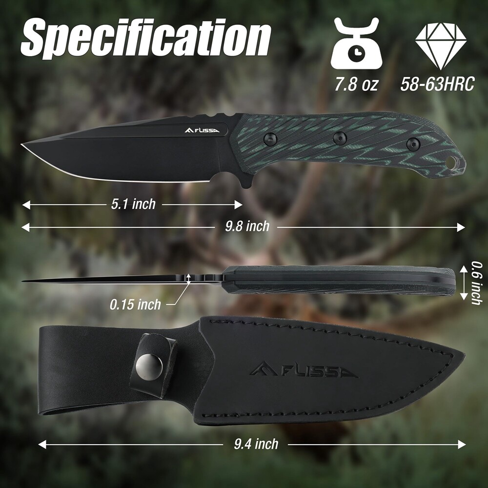 FLISSA 10″ Full Tang Hunting Knife withLeather Sheath Fixed Blade D2 Steel Knife