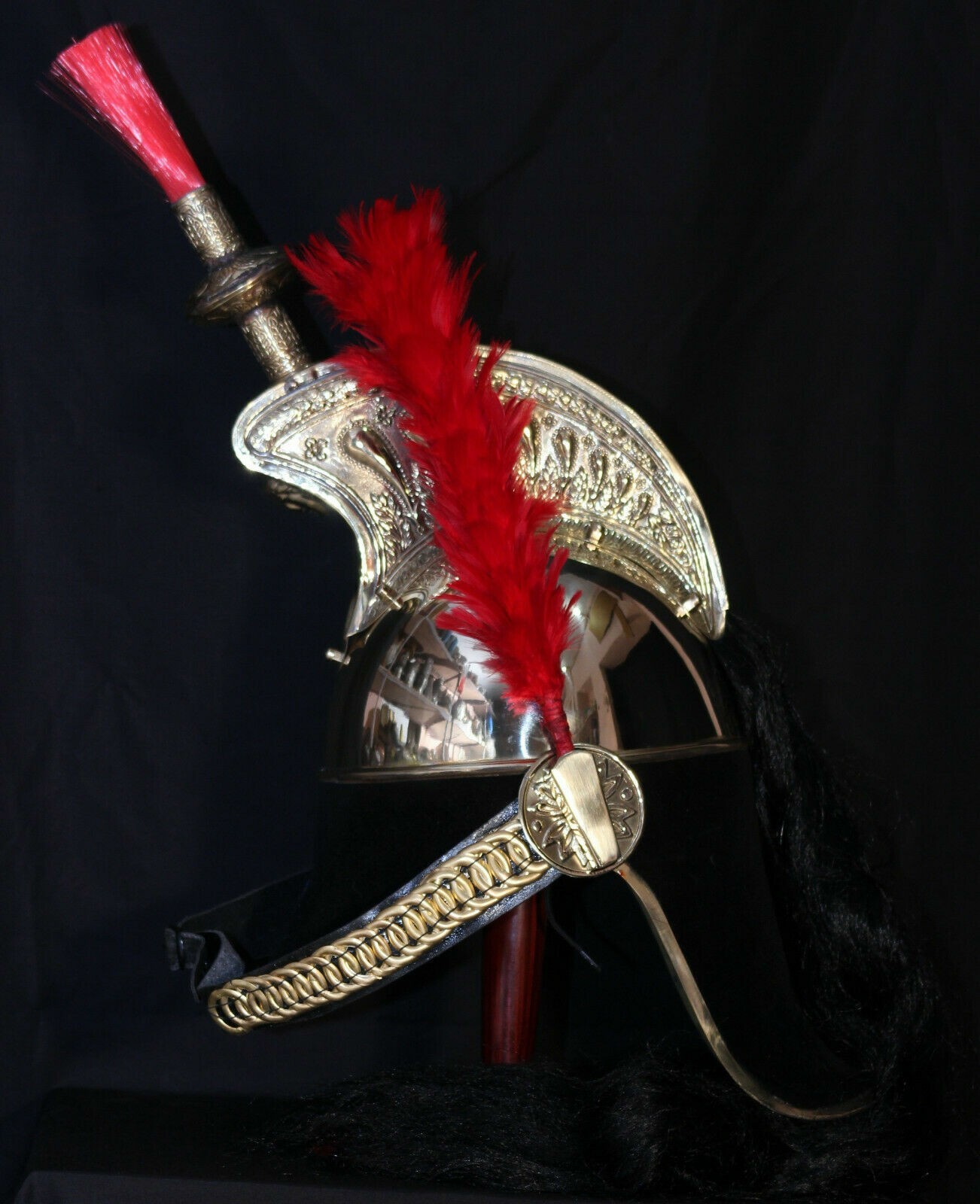 Brass French Cuirassier Officer’s Helmet Napoleon Style Helmet w Stand