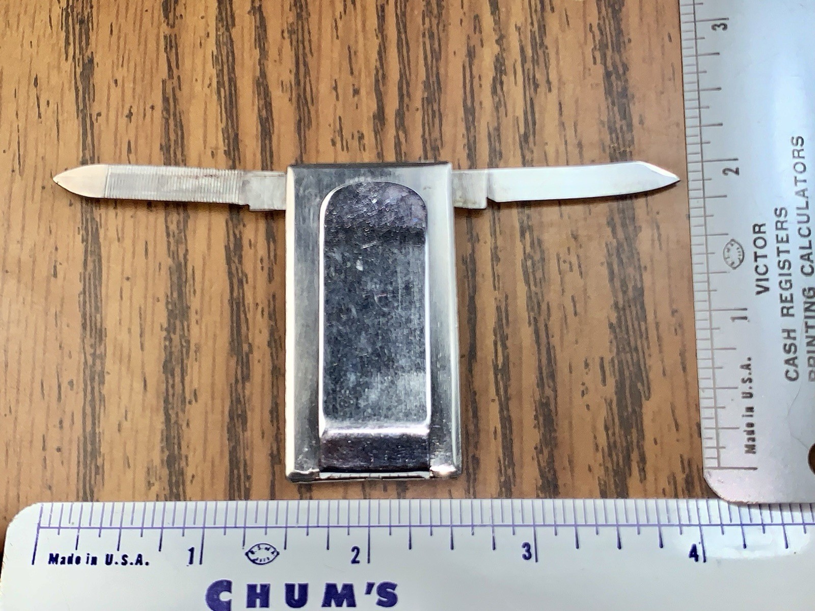 Vintage Stainless Steel Money Clip, w/Knife & Mail File & Polished Mirror Back