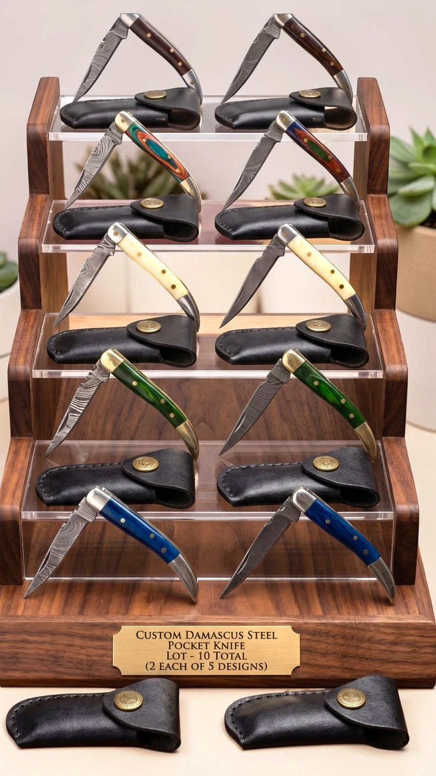 10x Damascus Folding Knife Lot Custom Pocket Knives Bone Wood Handle with Sheath