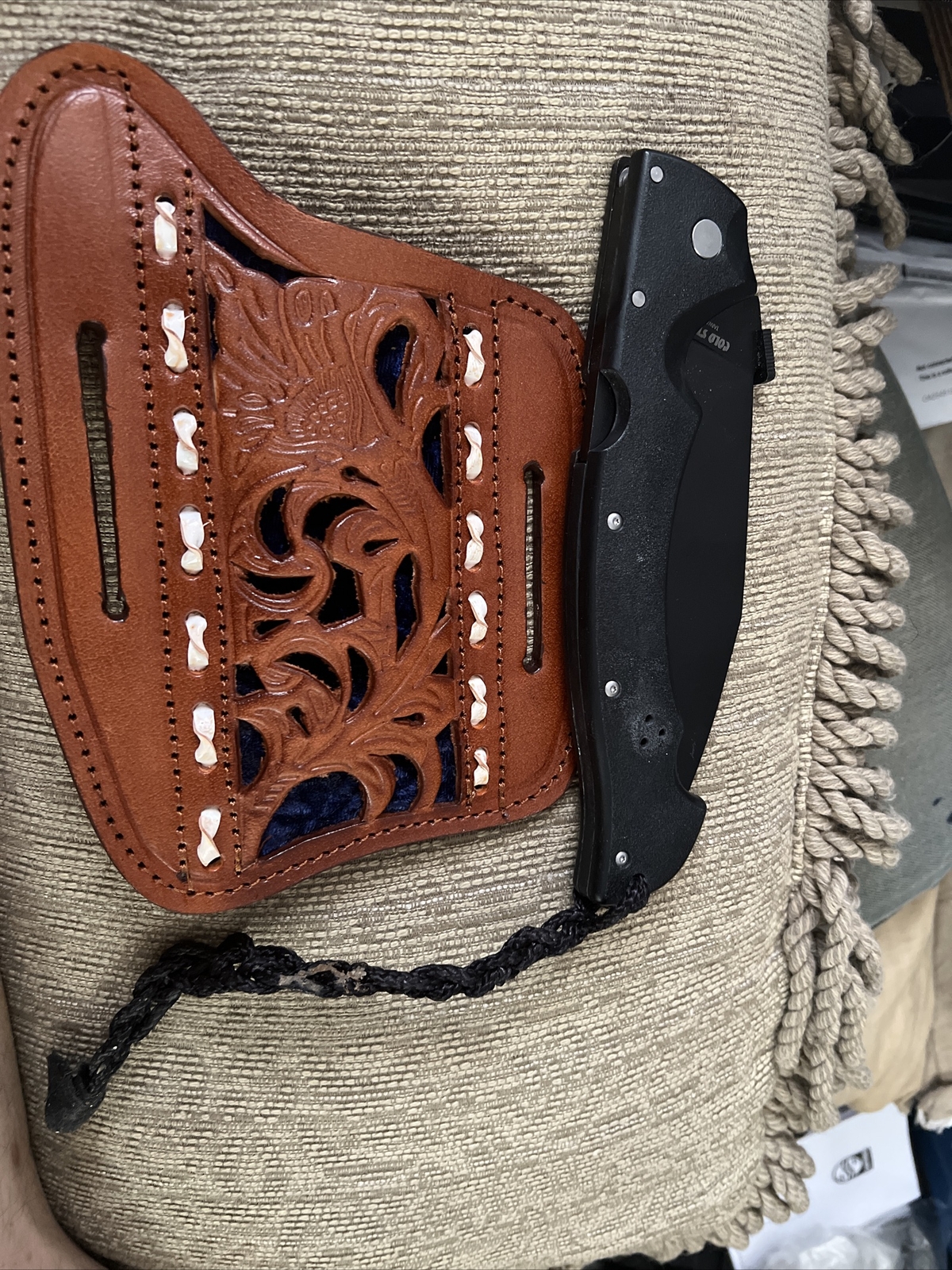 Leather knife sheath/Holds 6in Folding Knife Included Also HoldsGlock Mag/pliers