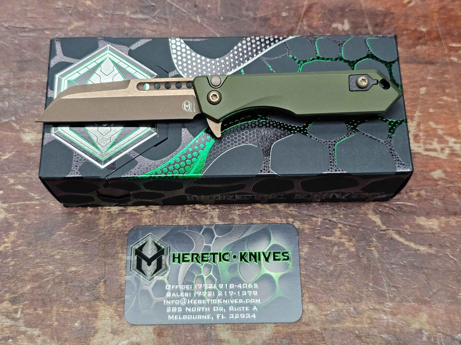 Heretic Knives Jinn Manual Bronze with OD Green Chassis MagnaCut H213-7A-GRN