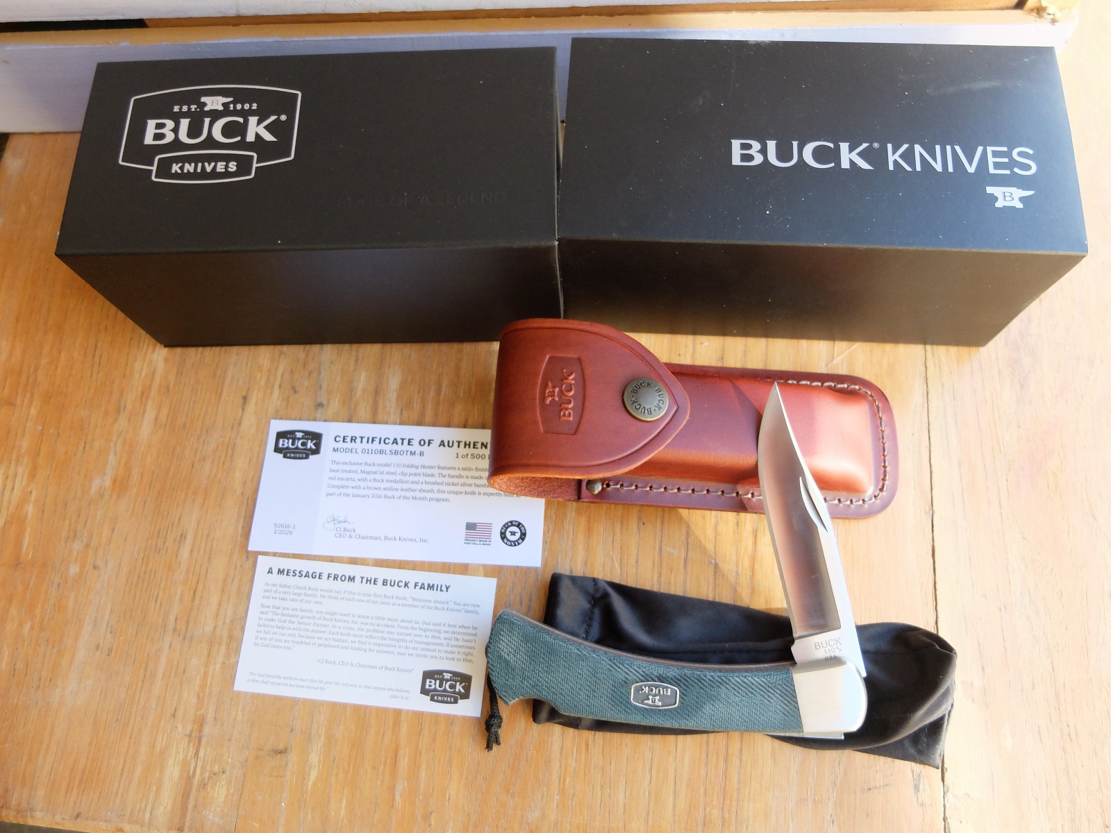 Buck 110 Bos Magnacut blade blue denim micarta folding hunter knife w COA BOTM