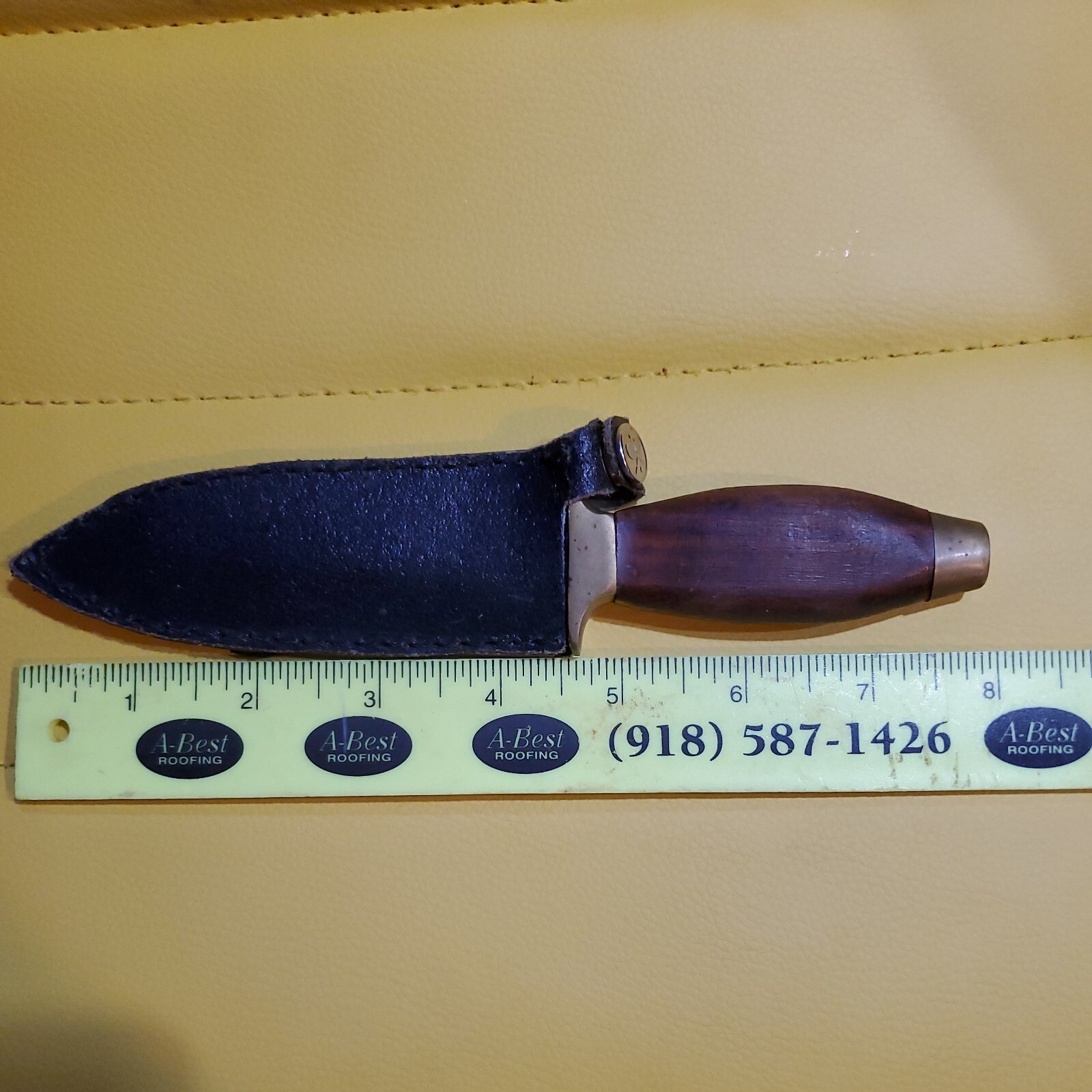 Vintage 4″ Knife Dagger Wooden Handle Brass Pommel and Hilt with Leather Sheath