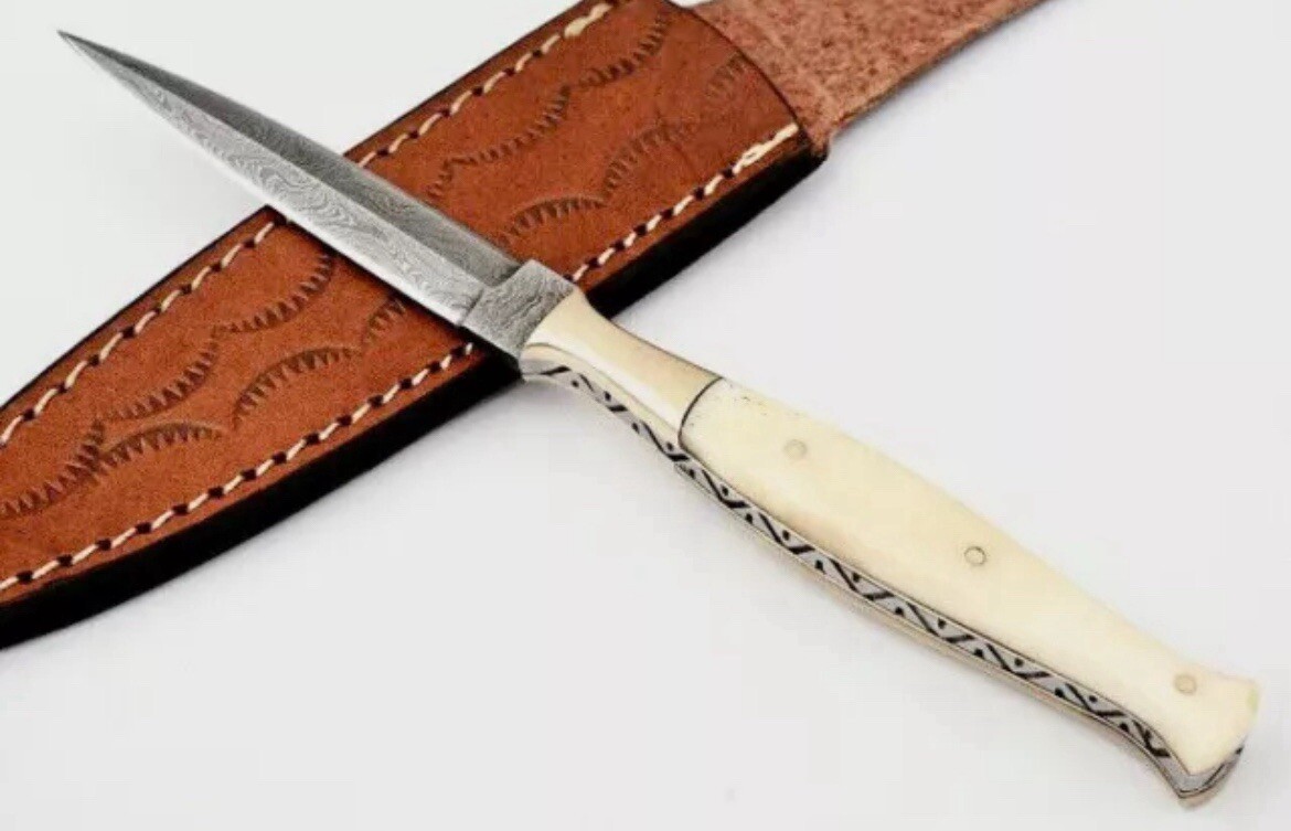 Damascus Double Edged Slick Tooth Pick Boot Knife Camel Bone Handle