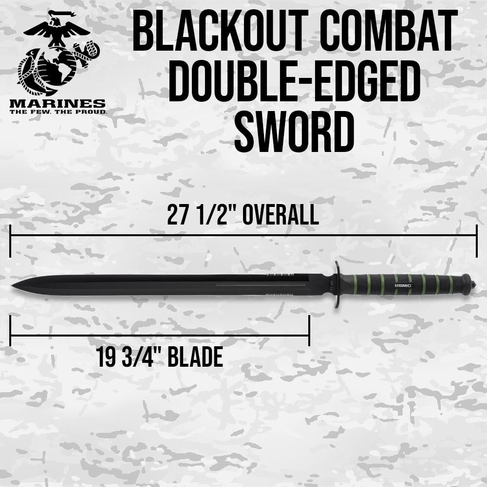 USMC Blackout Combat Double-Edged Sword with Nylon Sheath, Officially Licensed