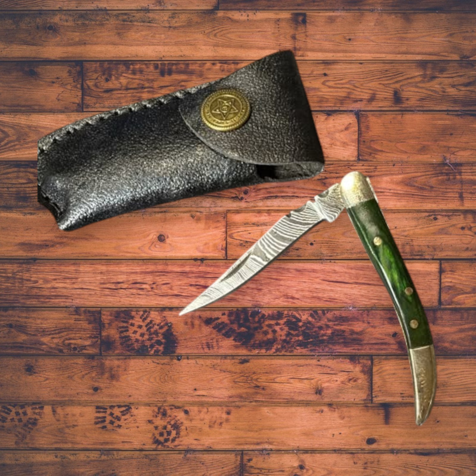 Lot 20 Damascus Pocket Knives Green Wood Brass Slipjoint Folding Knives & Sheath