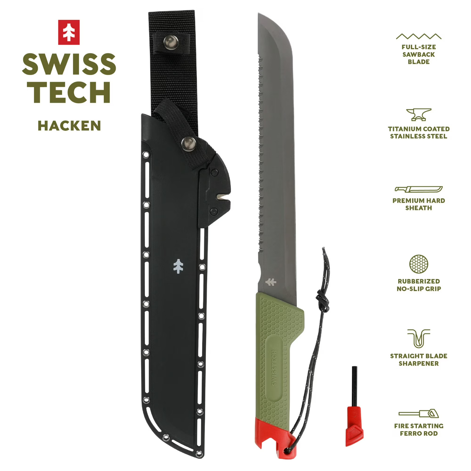 Swiss Tech 18-inch Sawtooth Machete, Titanium-Coated Stainless Steel Blade, Gree