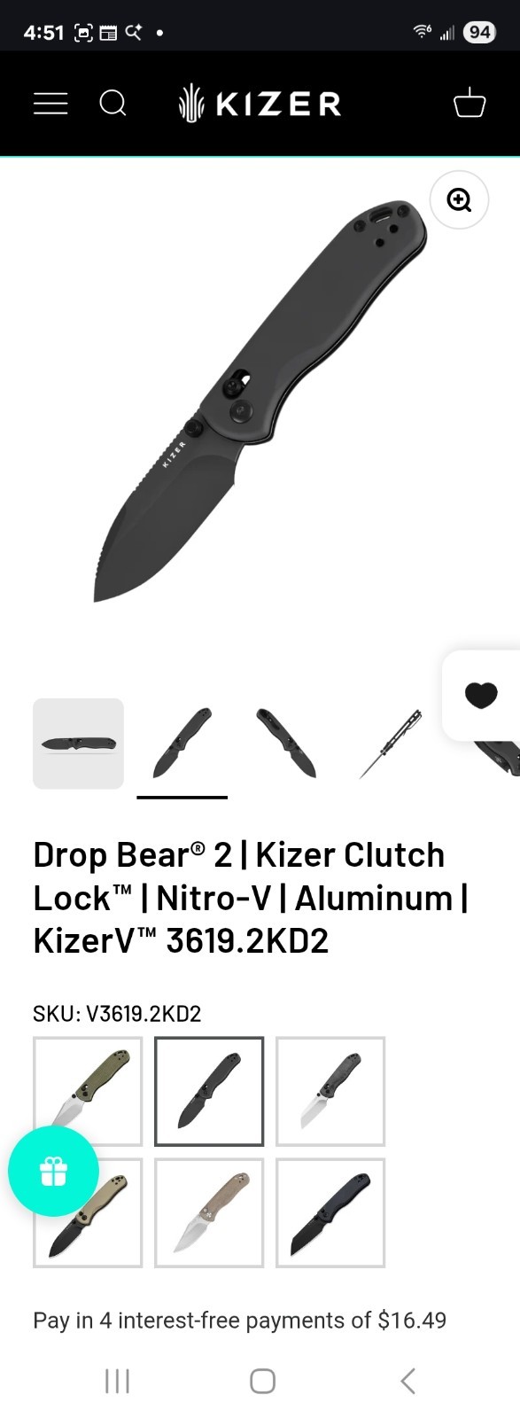Kizer Drop Bear 2 Pocketknife Nitro-V Drop Point Clutch Lock Gray Aluminum