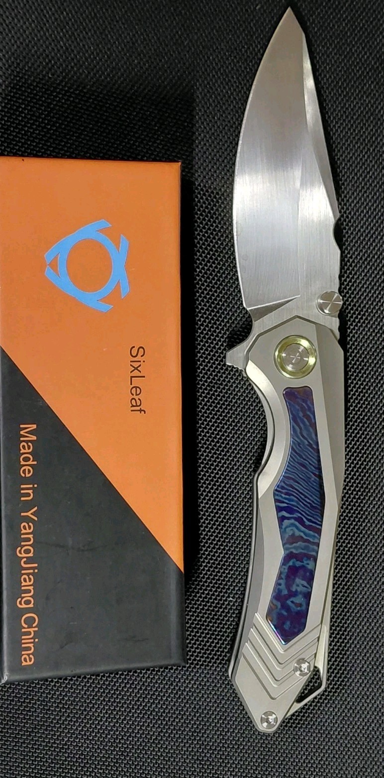 SixLeaf Folding Knife Gray/Blue Titanium/TiDamascus Handle 14C28N SL-100-Tima