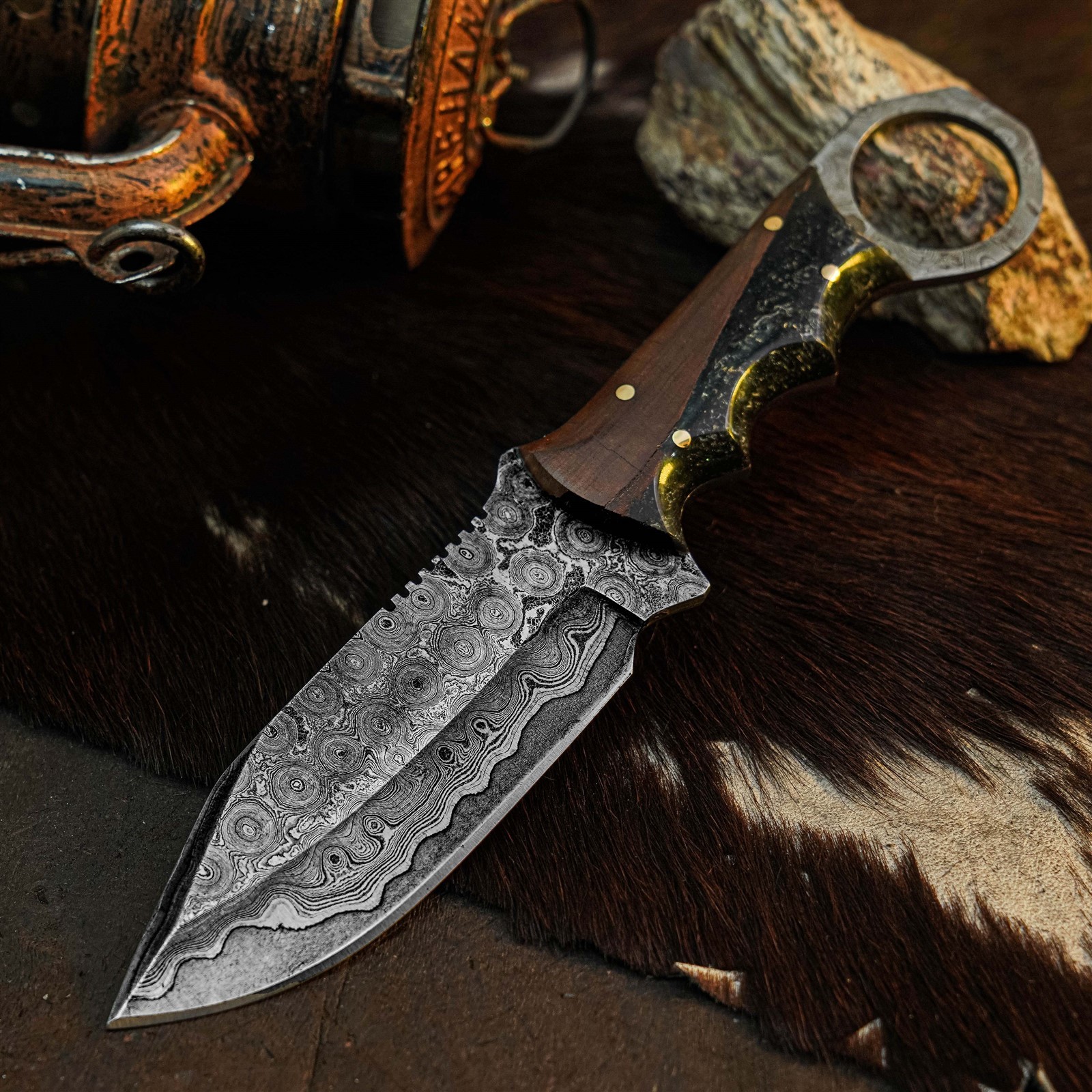 8.0″ Damascus Hunting Knife Full Tang Wood Handle Fix Blade + Sheath