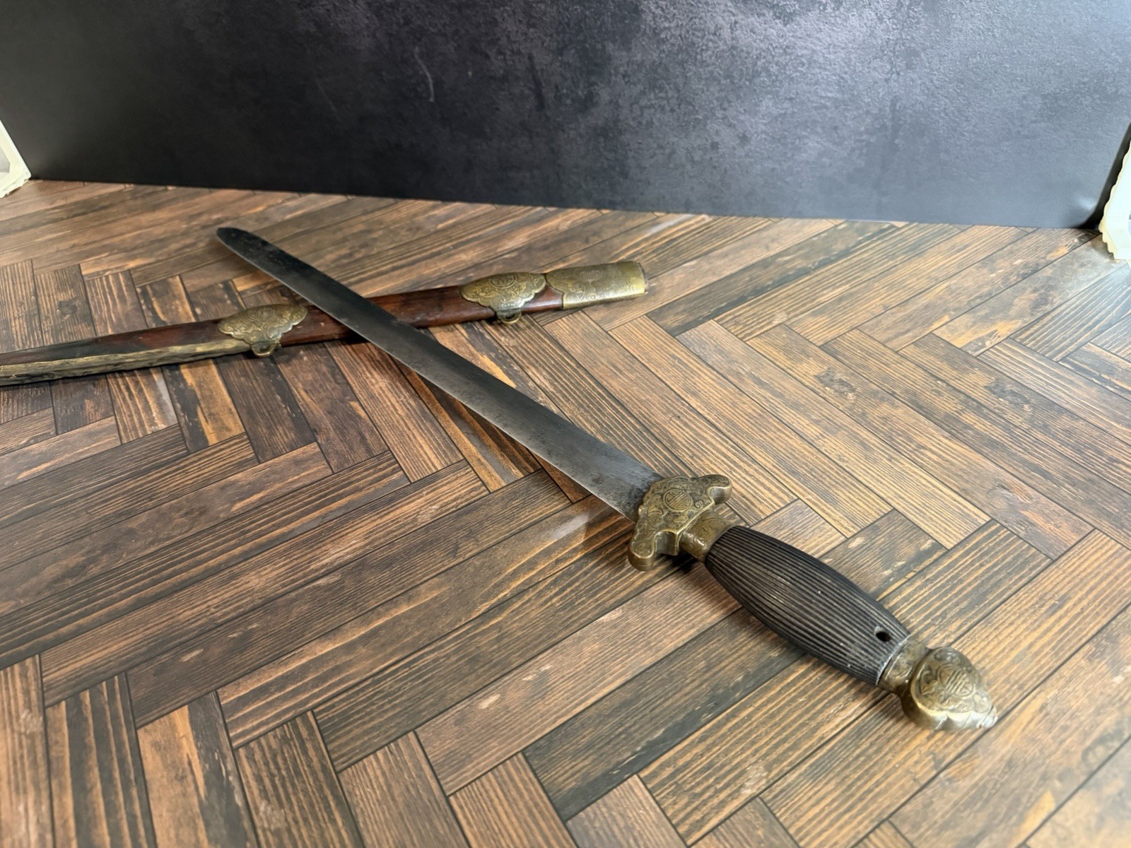 Antique Chinese Qing Era Jian Short Sword Fushou Brass Mounts 23.5in