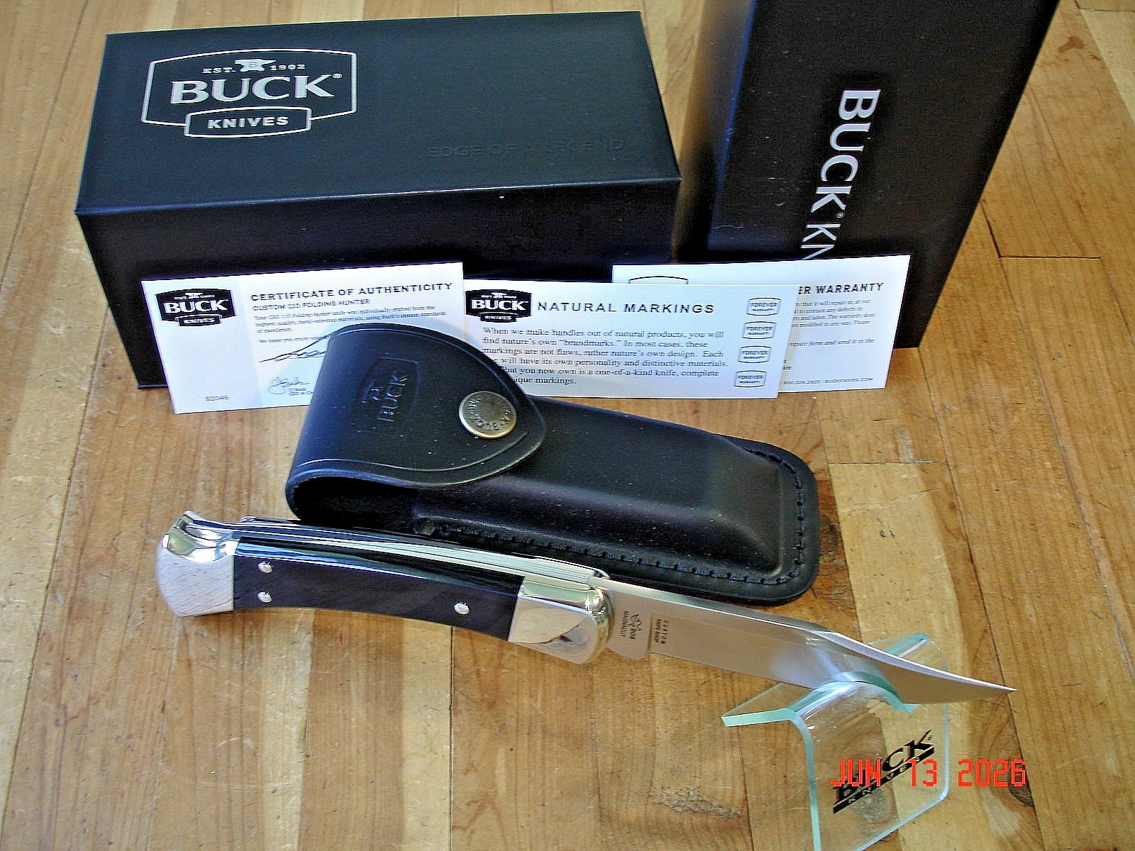 NIB BUCK KNIFE 110 HUNTER BOS MAGNACUT BLADE BLACK BUFFALO HANDLE NICKEL SILVER