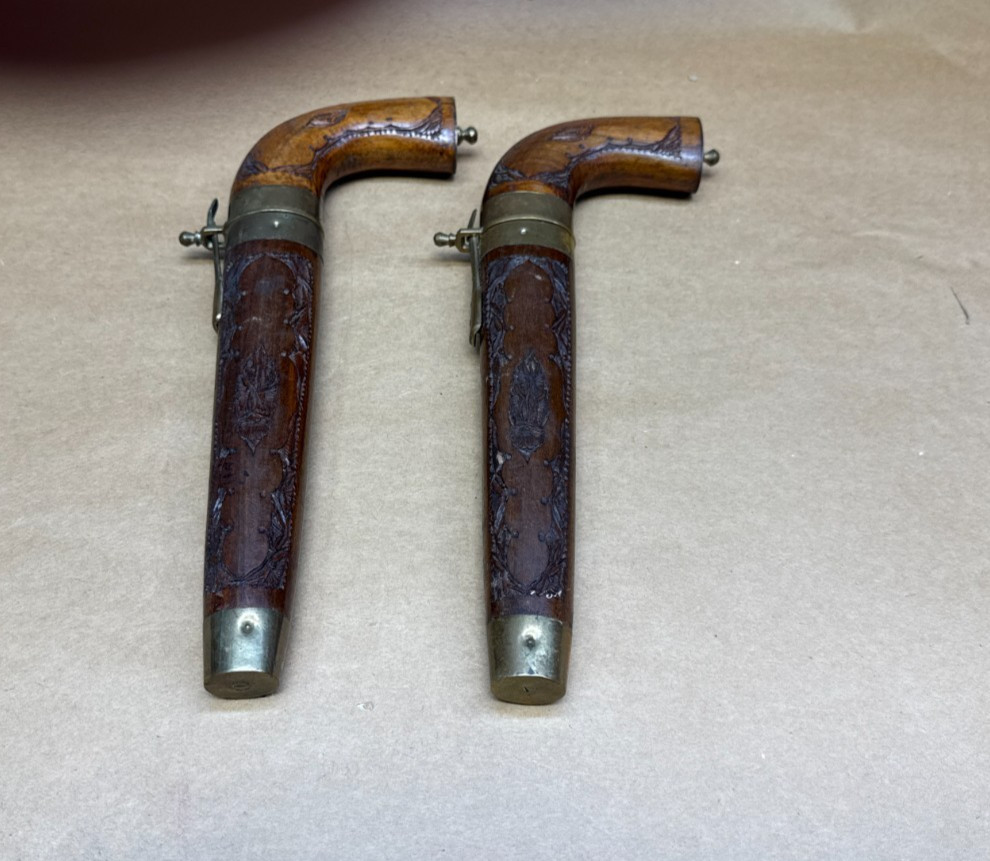 VERY RARE Knife Pair Carved Handles Matched Carved Wood Sheaths Brass Trim-INDIA