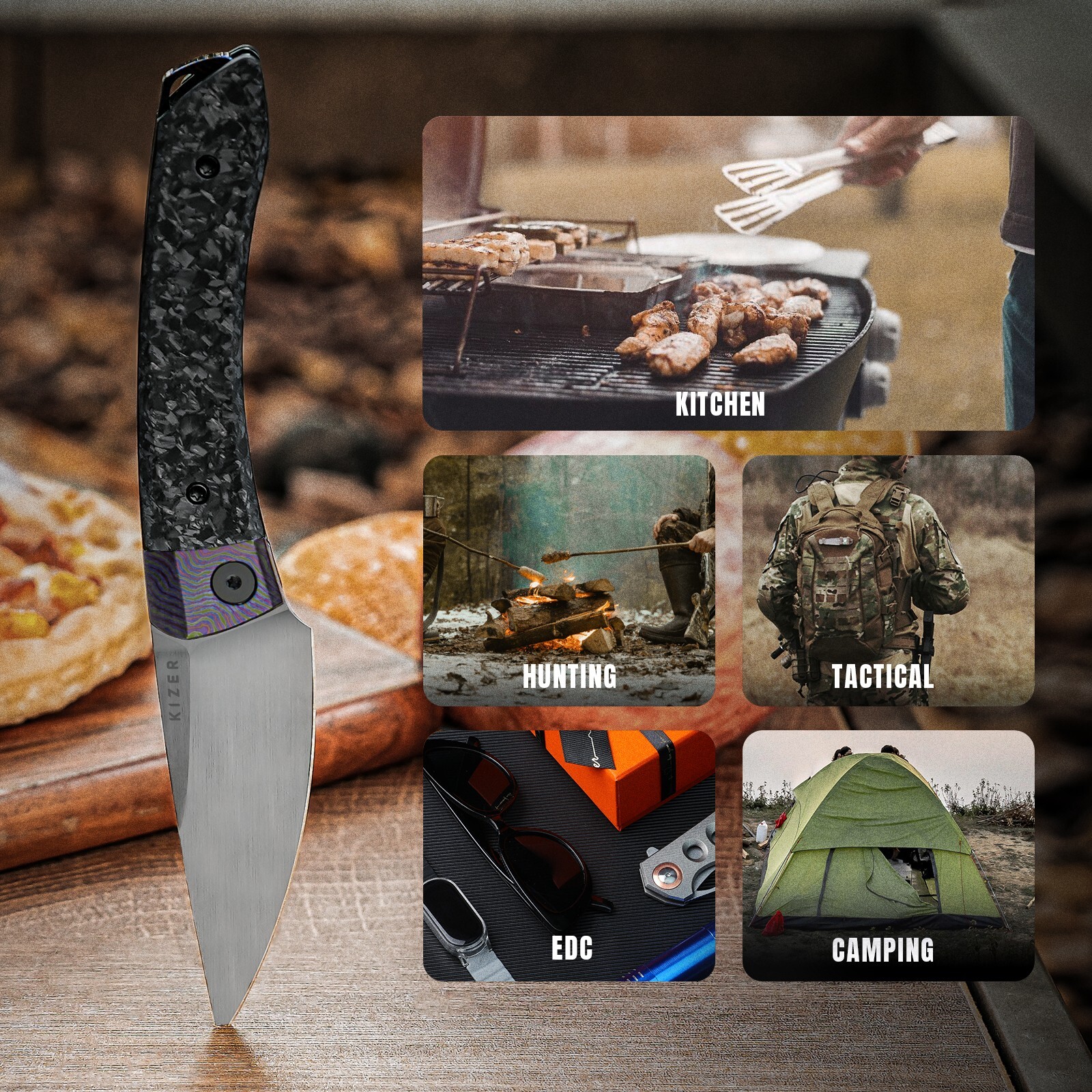Kizer Mini MoMo Drop Point Folding Knife M390 Blade Titanium&Carbon Handle