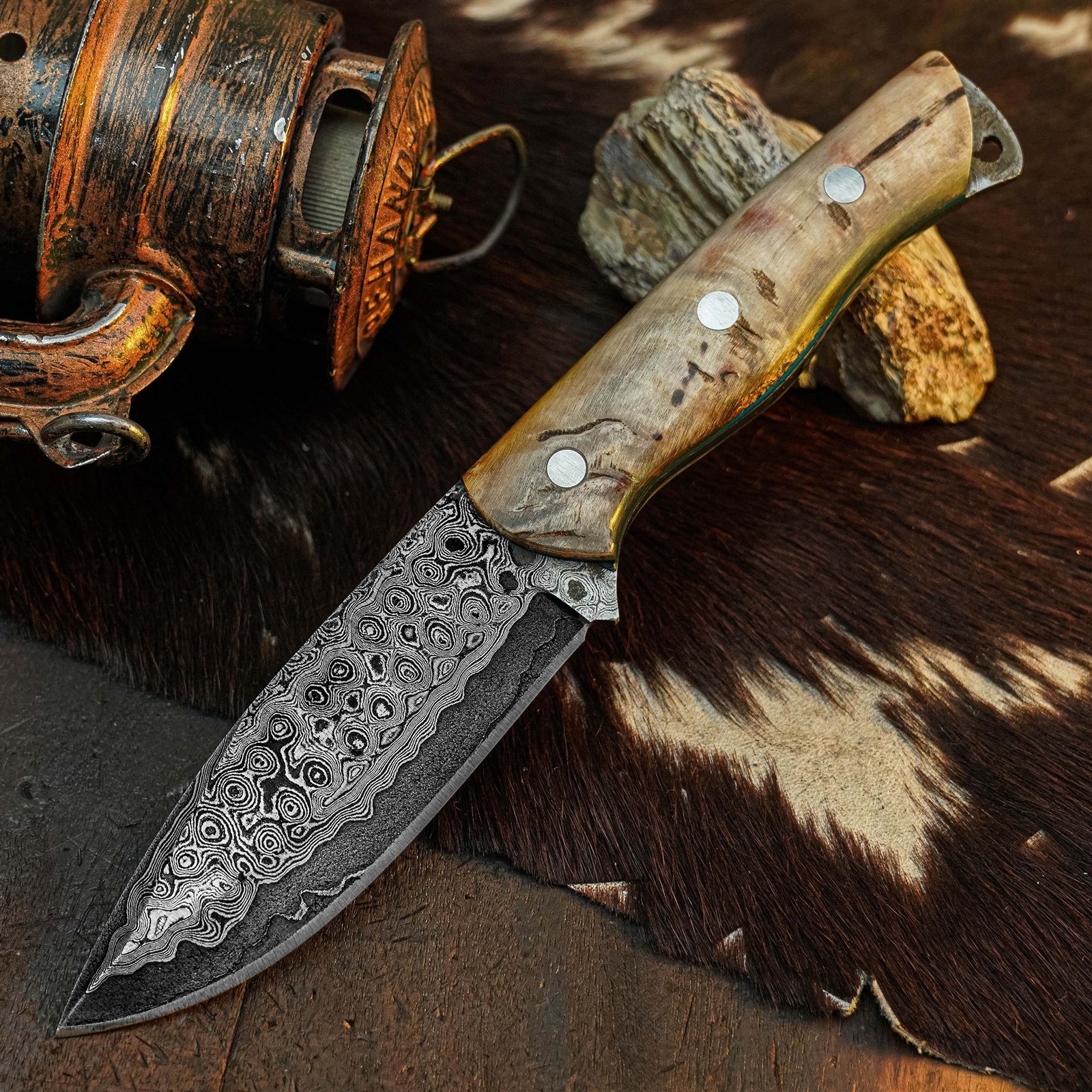 8.7″ Damascus Camping EDC Knife Full Tang Wood Handle Fix Blade + Sheath