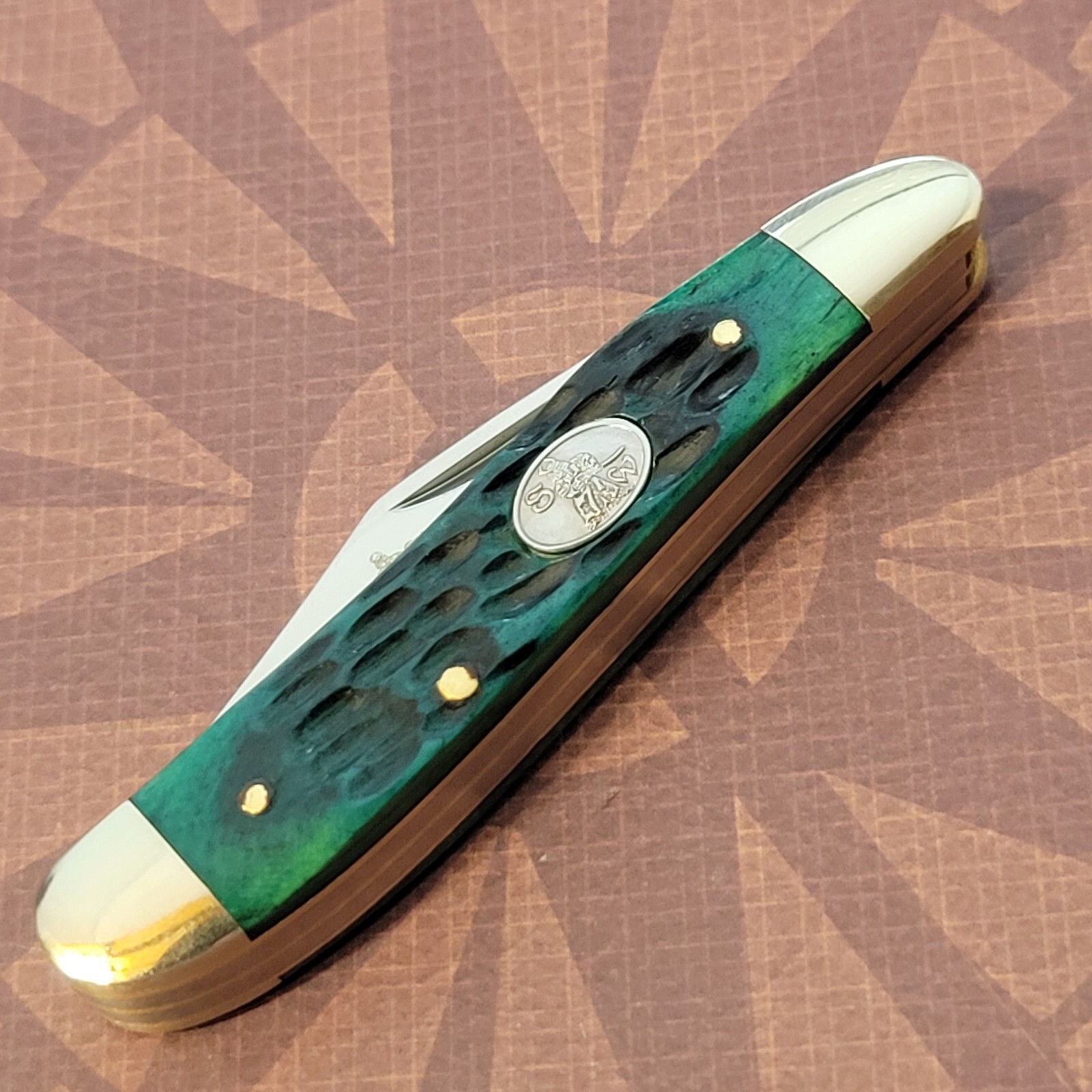 STEEL WARRIOR Knife 2 Blade Peanut JADE Jigged BONE Handles