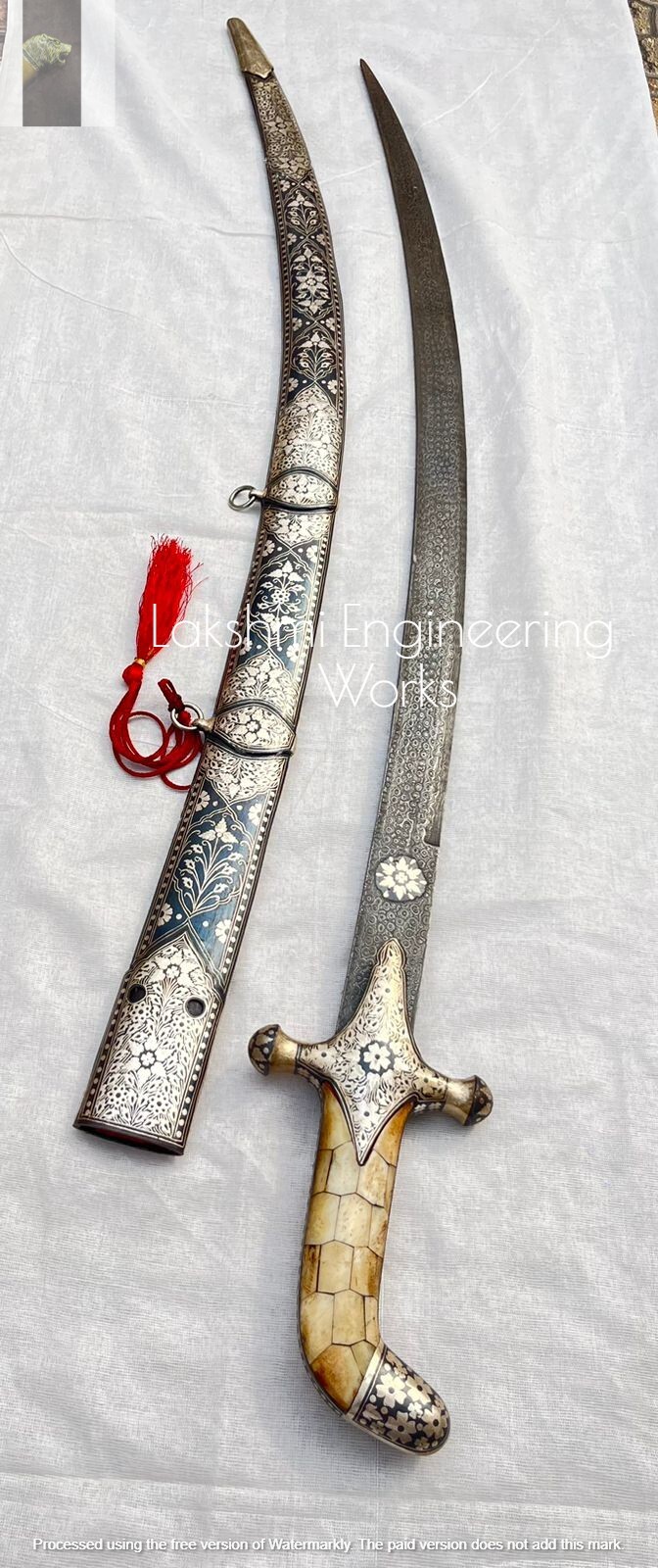 KILIJ SWORD, KILIJ HEAD, ARABIAN silver calligraphy scabbard sword, damascus