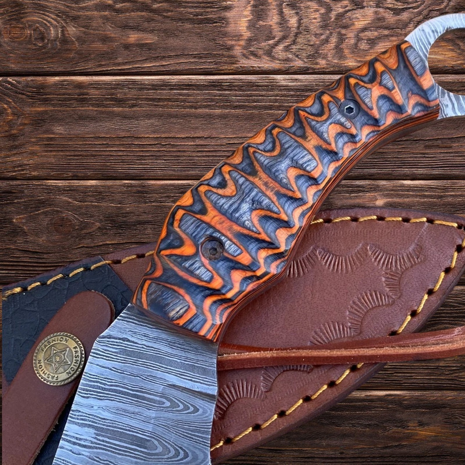 Karambit Knife Damascus Steel Handmade Full Tang Fixed Blade Hunting Wood Handle