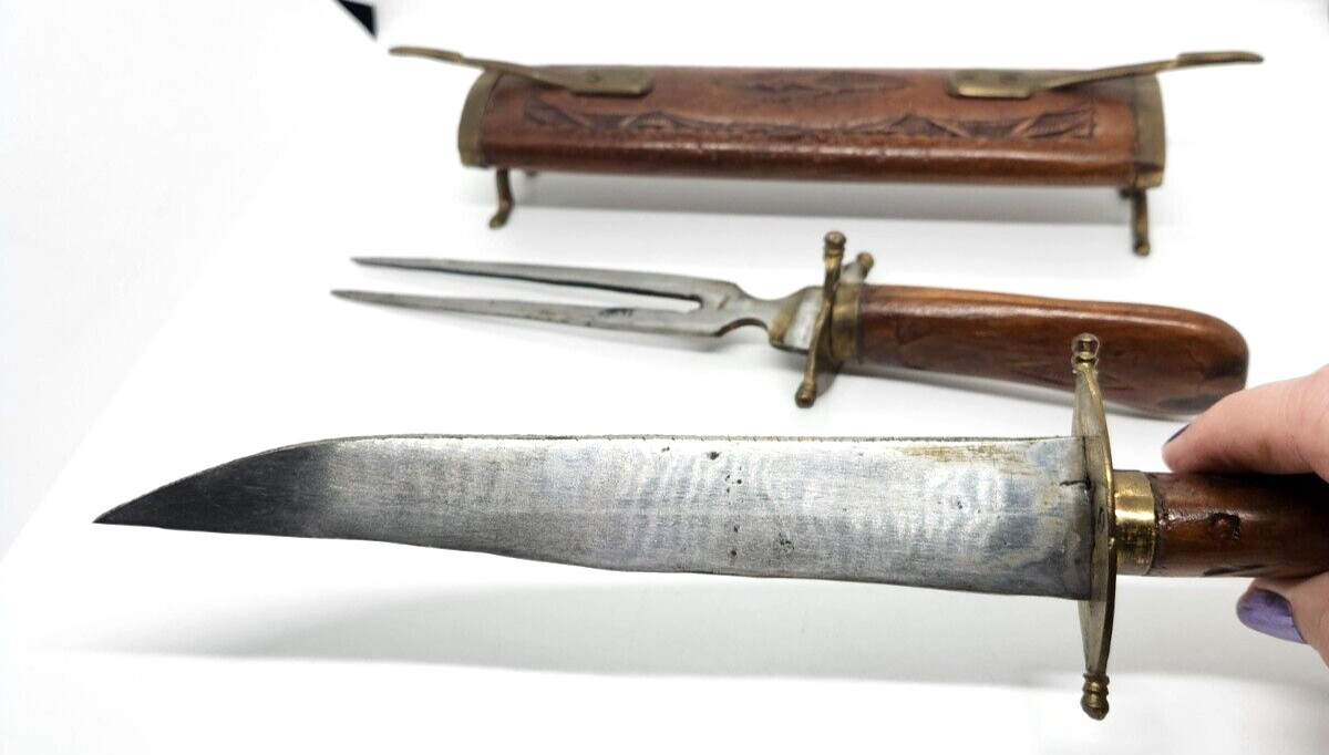 Decorative Knife Carving Set In Wooden Hand Carved & Brass Casing VTG India