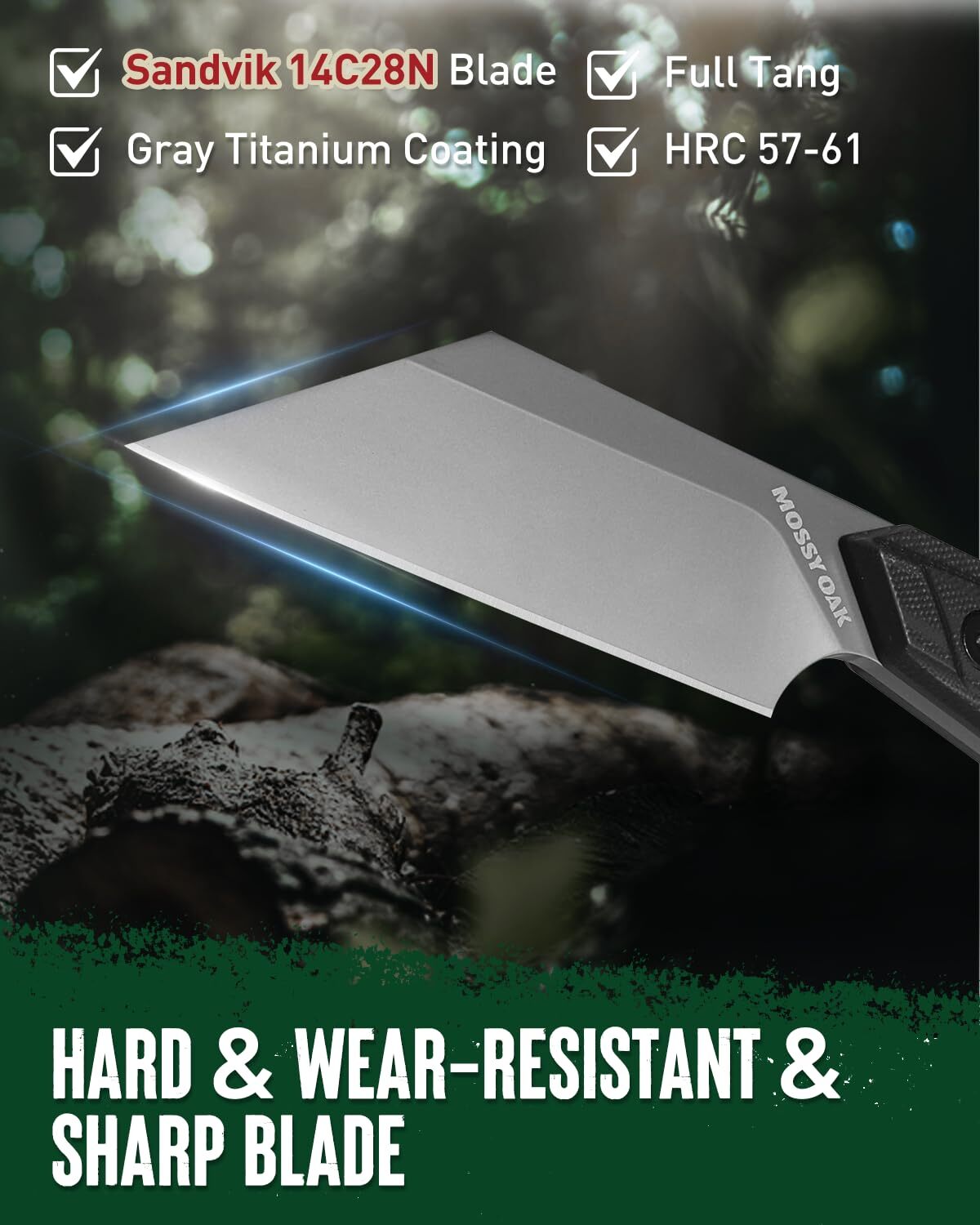 Mossy Oak 7.5″ Fixed Blade Knife W/Sheath Sandvik 14C28N Full Tang Hunting Knife