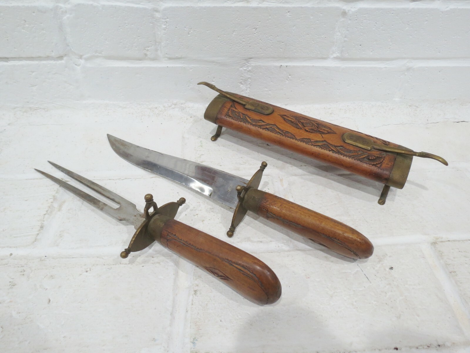 Vintage Carving Knife and Fork w/ Wooden Sheath India Brass Ornate Utensils Set