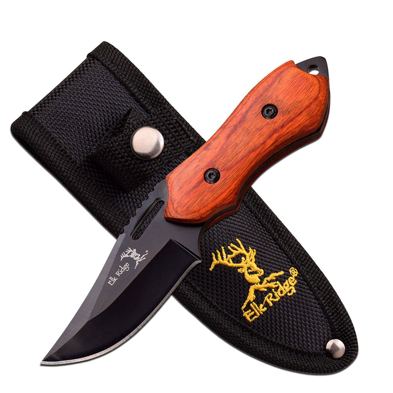 6.25″ Elk Ridge Fixed Blade Full Tang Knife w/Wood Handle and Leather Sheath