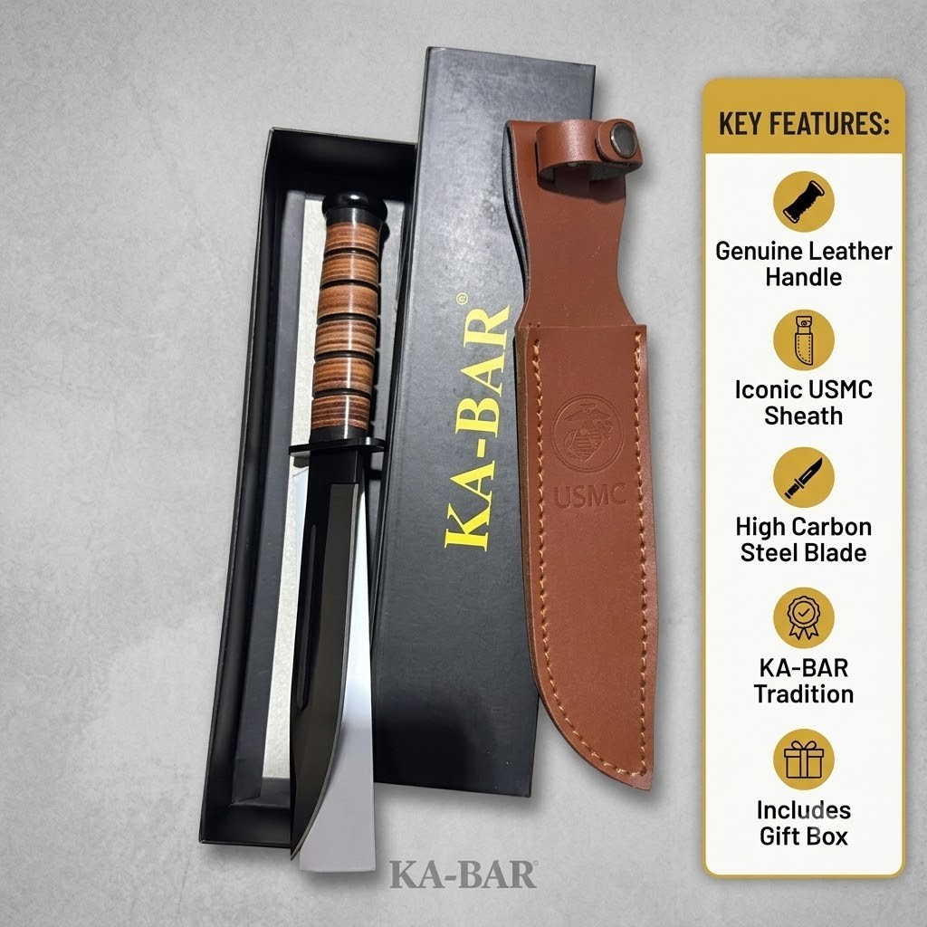 KA-BAR USMC Fighting Utility Knife Leather Handle Fixed Blade Outdoor Sheath New