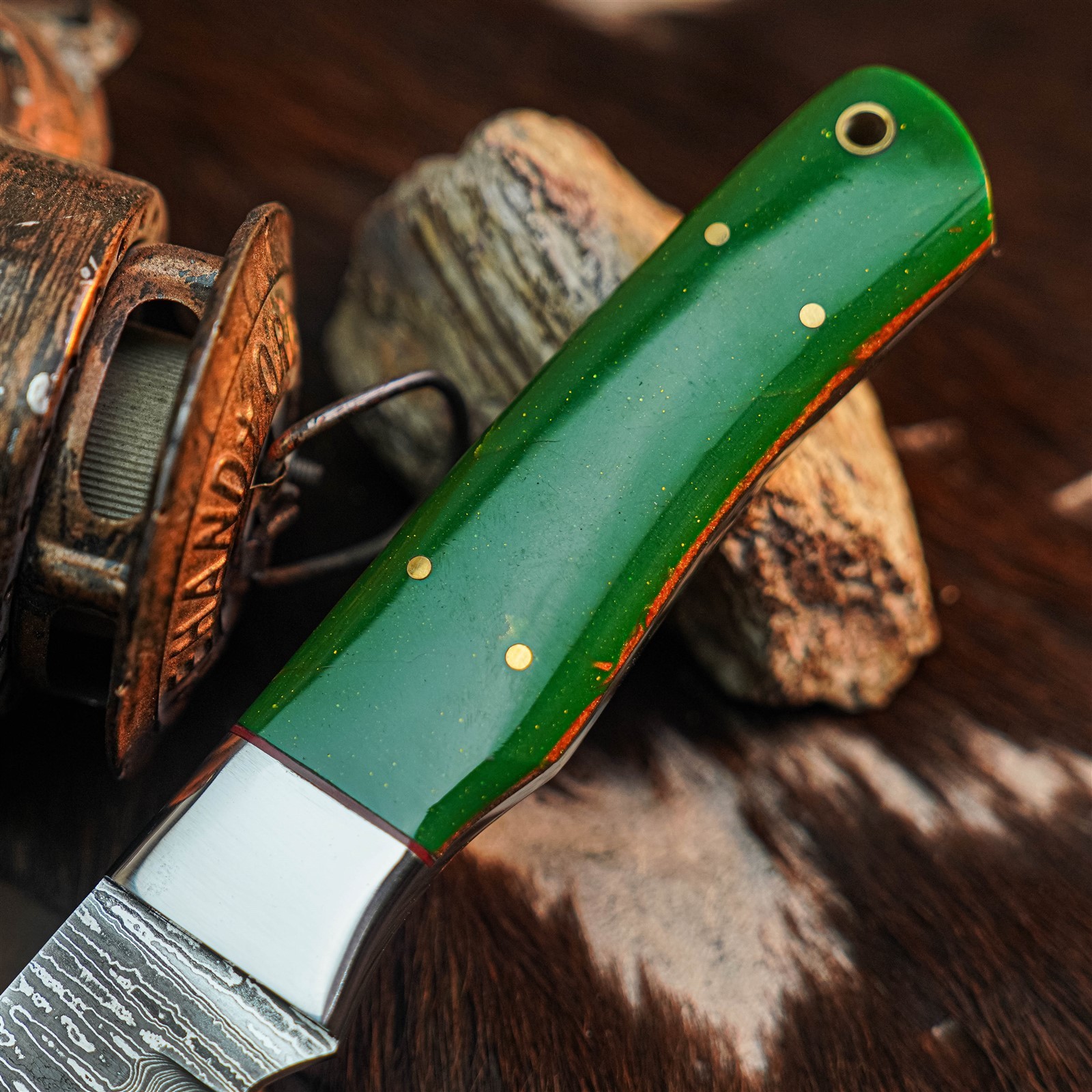 9.0″ Camping Bushcraft Damascus Knife Handmade Full Tang Resin Handle +Sheath