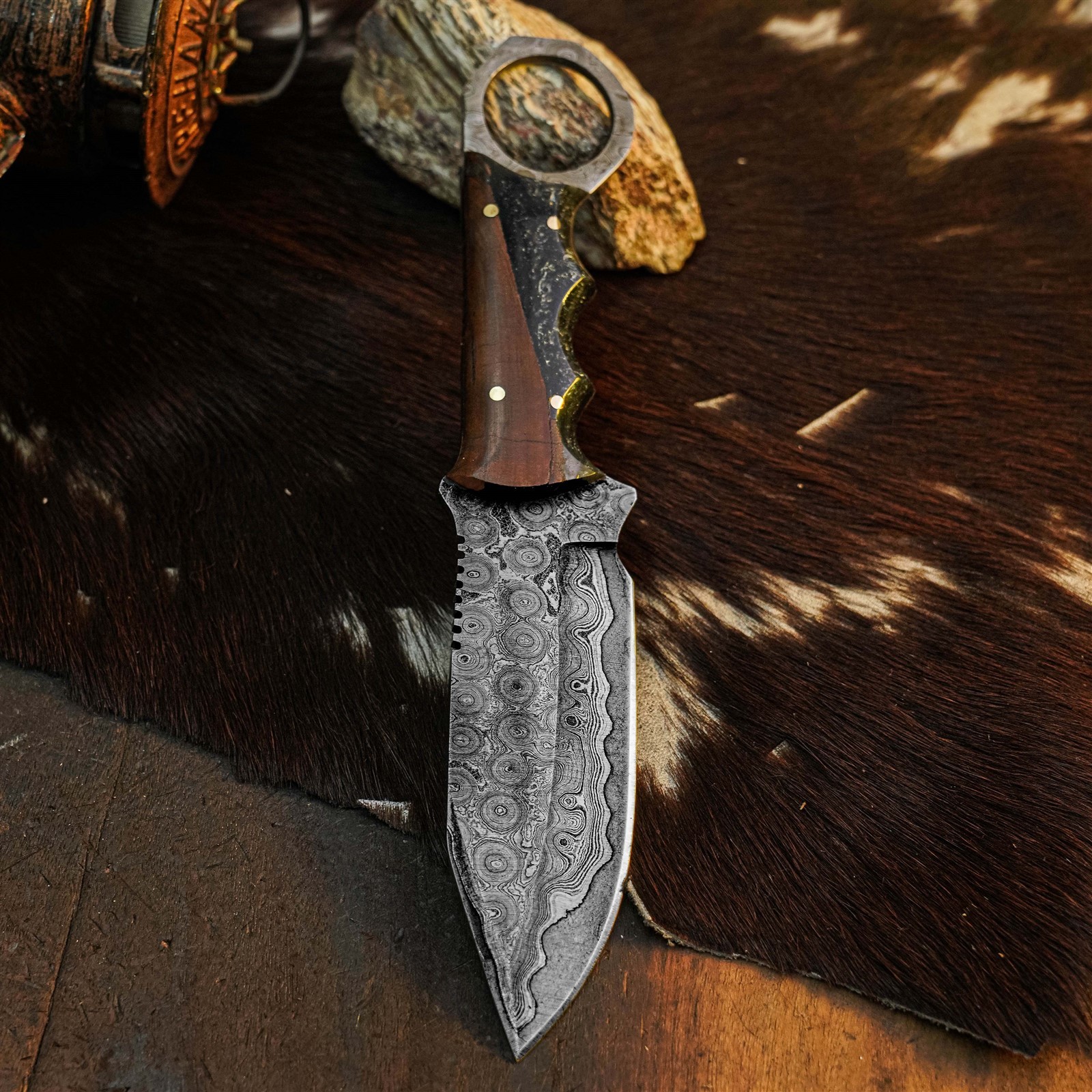 8.0″ Damascus Hunting Knife Full Tang Wood Handle Fix Blade + Sheath