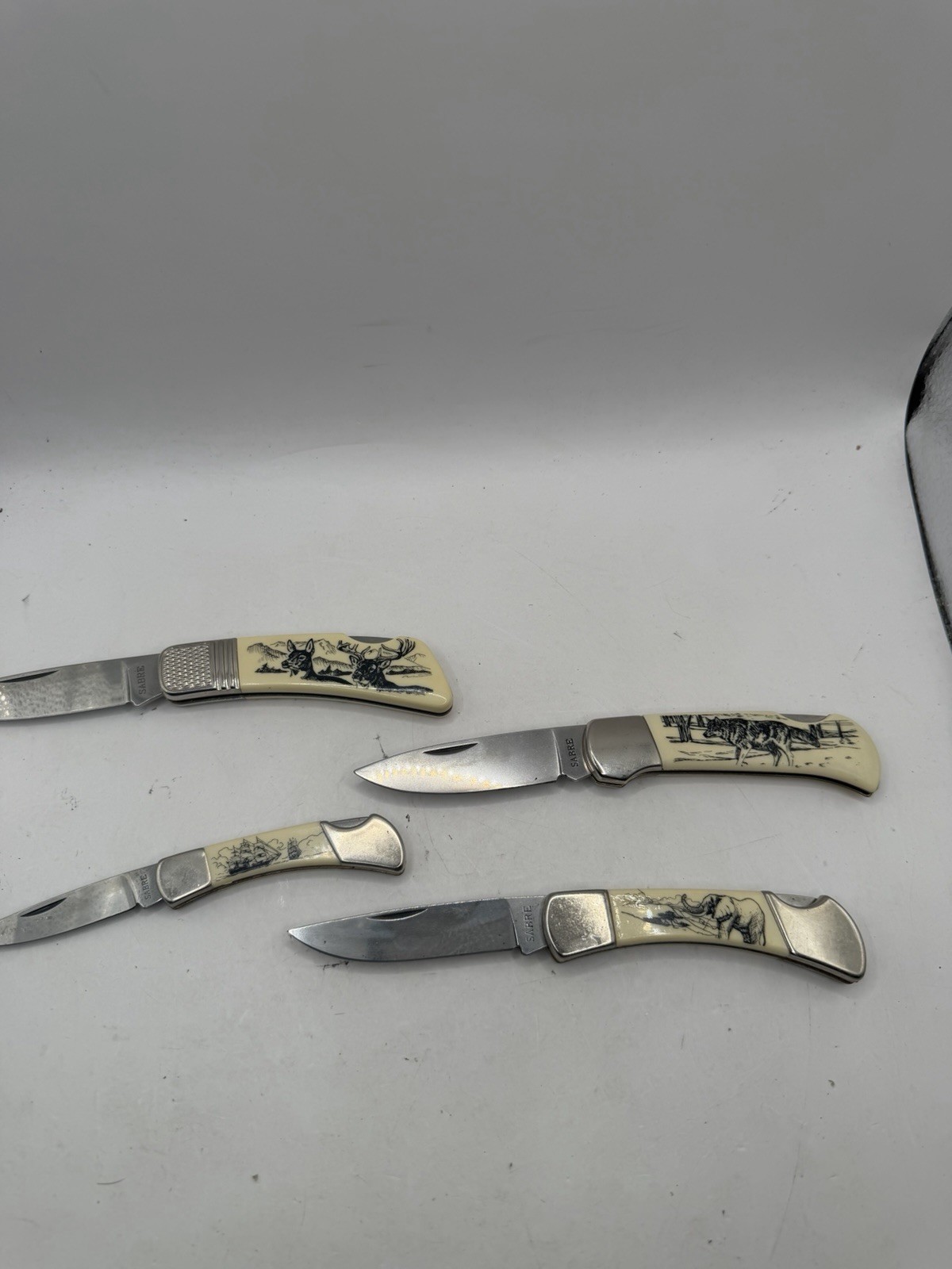 Sabre SCRIMSHAW Folding Knife «Outdoor Collection» Stainless China Lot of 4