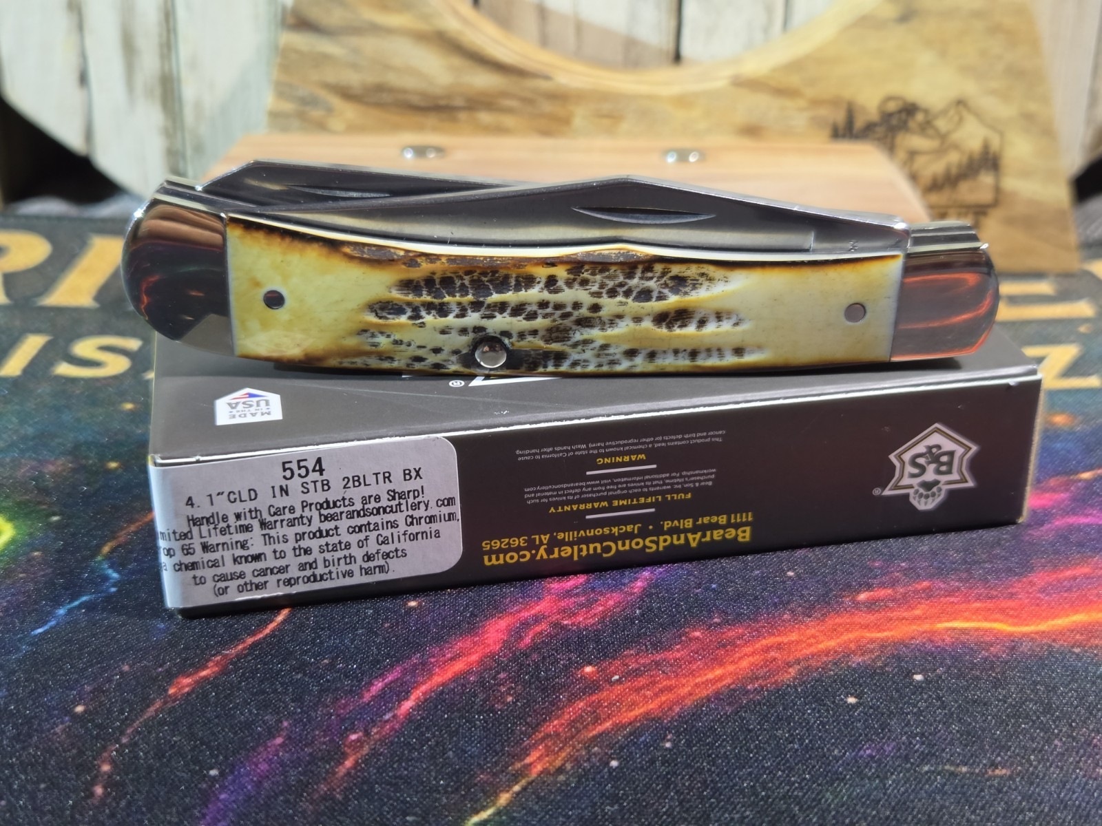 Bear & Son Cutlery USA India Stag Full Size Trapper Knife with Box New
