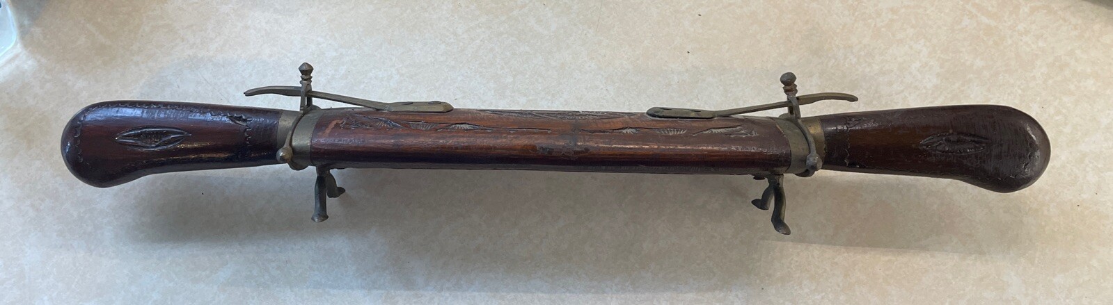 Vintage Indian Carving Knife and Fork set wooden carved wood and brass trim