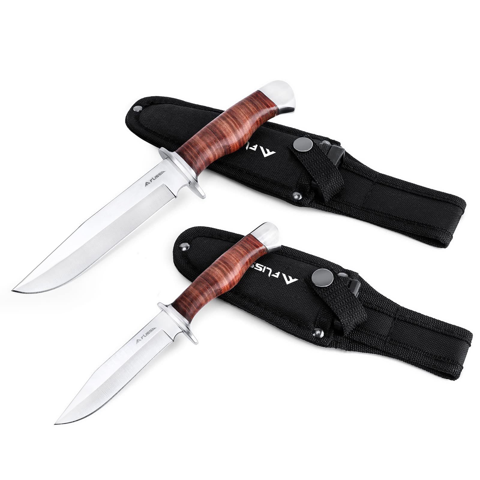 FLISSA 2-Pieces Bowie Knife Fixed Blade Hunting Knife with Sheath Leather Handle